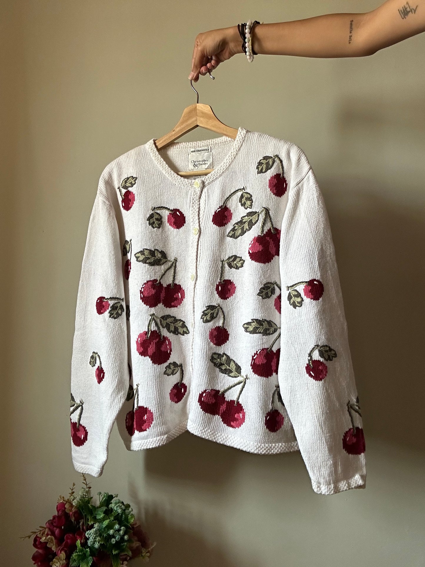 Vintage Christopher & Banks Cherry Hand Embroidered Cardigan