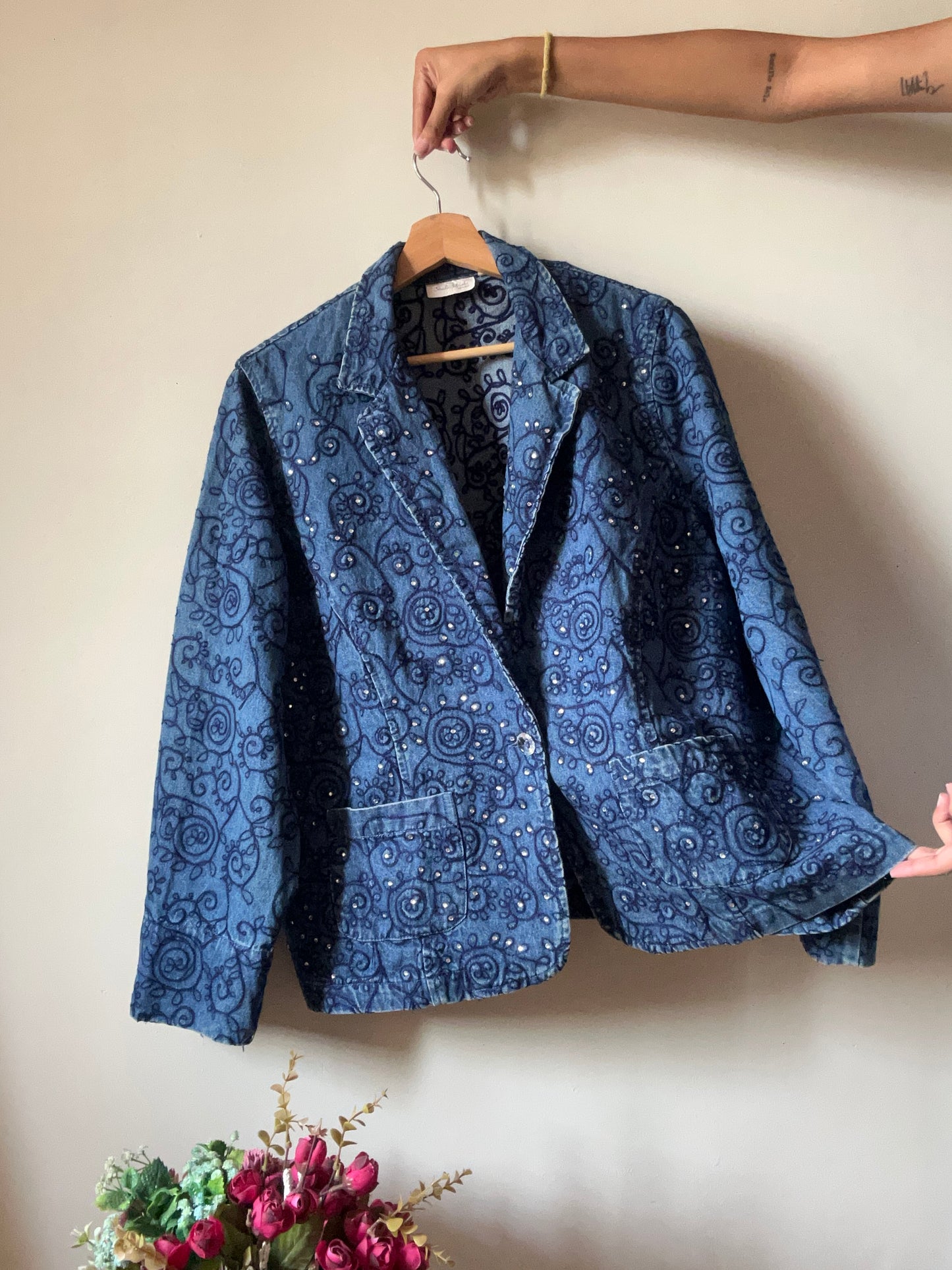 Studio Works Vintage Denim Blazer With All Over Embroidery and Rhinestones