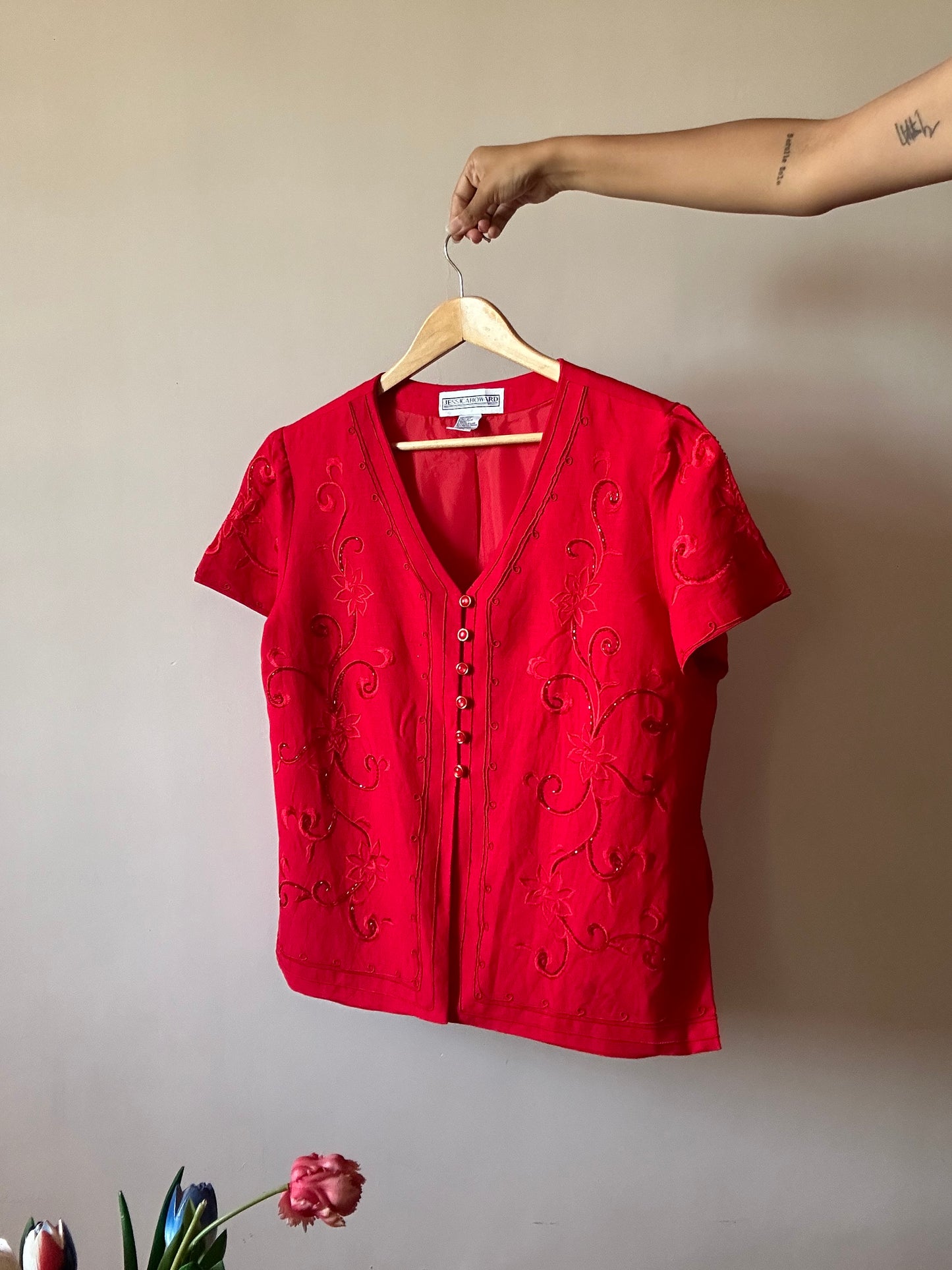 Vintage Red Beaded And Embroidered Jessica Howard Shirt