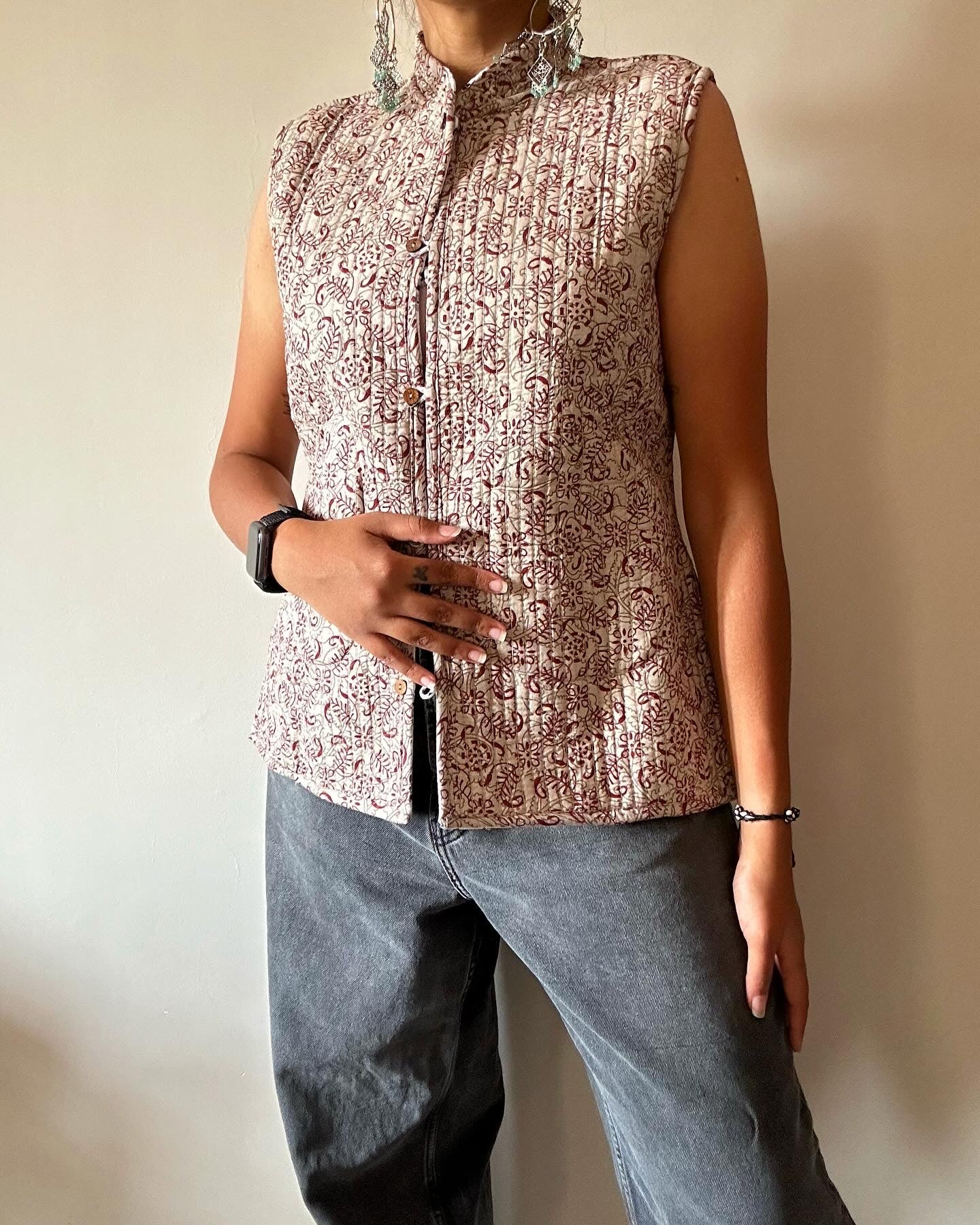 Cotton Quilted Reversible Vest In Abstract Floral and Ethnic Print