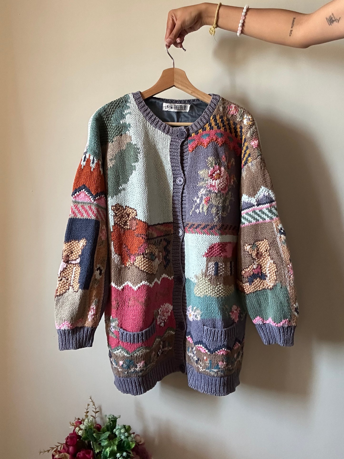 Together Vintage Cardigan With Teddy Bear and Floral Embroidery