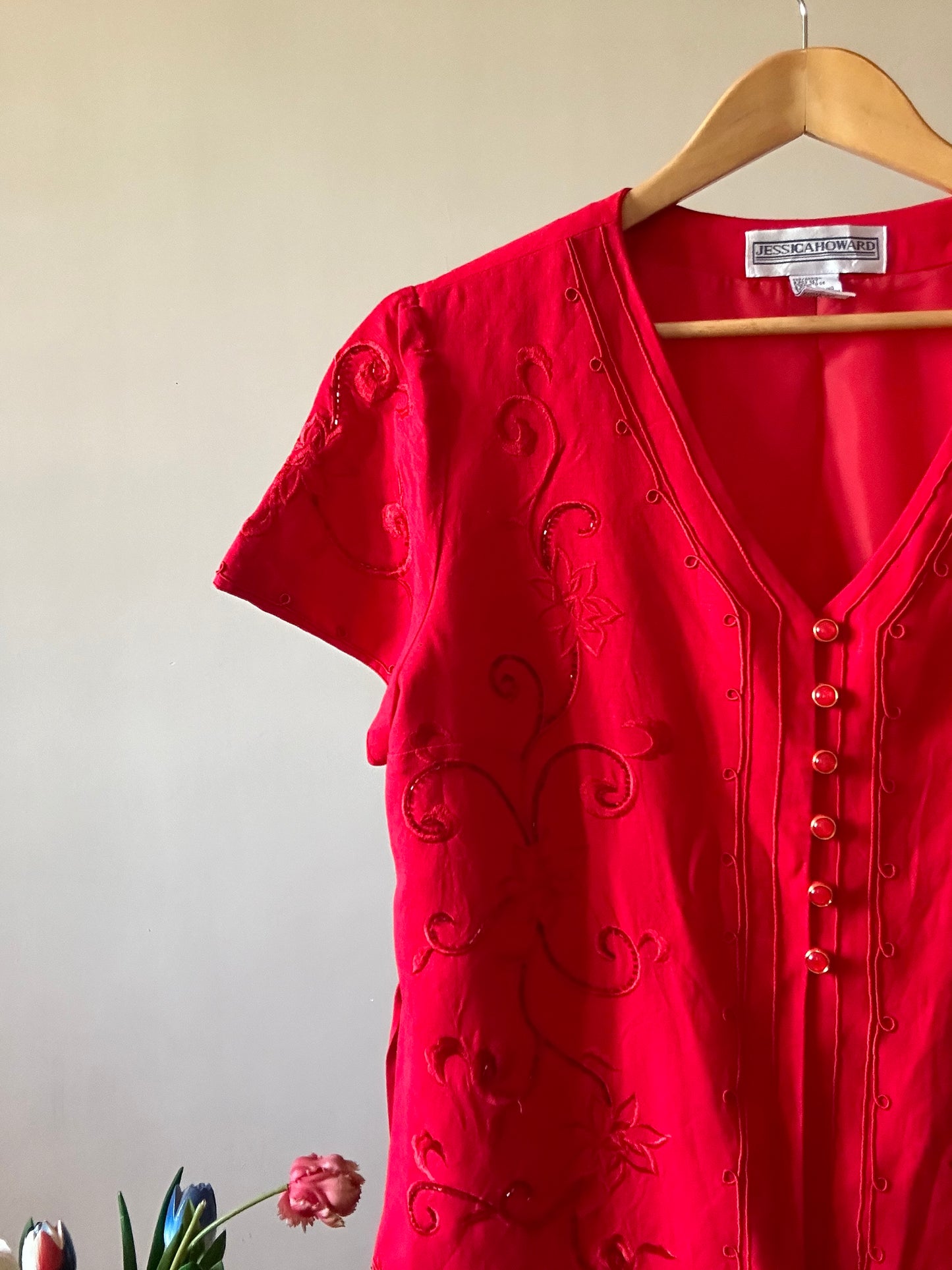 Vintage Red Beaded And Embroidered Jessica Howard Shirt