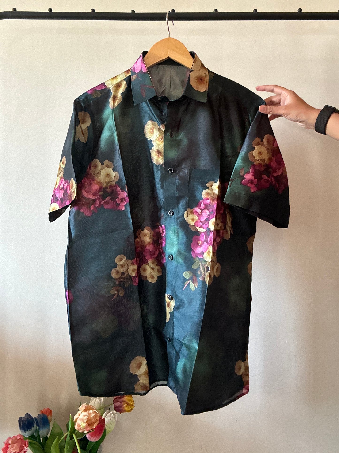 Water Flower Print Silk Shirt