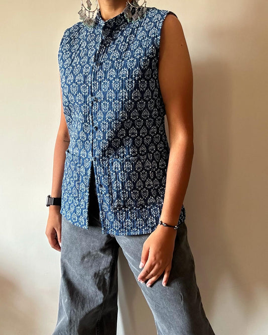 Cotton Quilted Reversible Classic Floral Indigo Vest