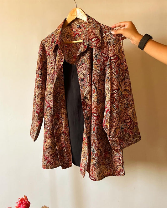 Vintage Attached Vest Ethnic Print Shirt