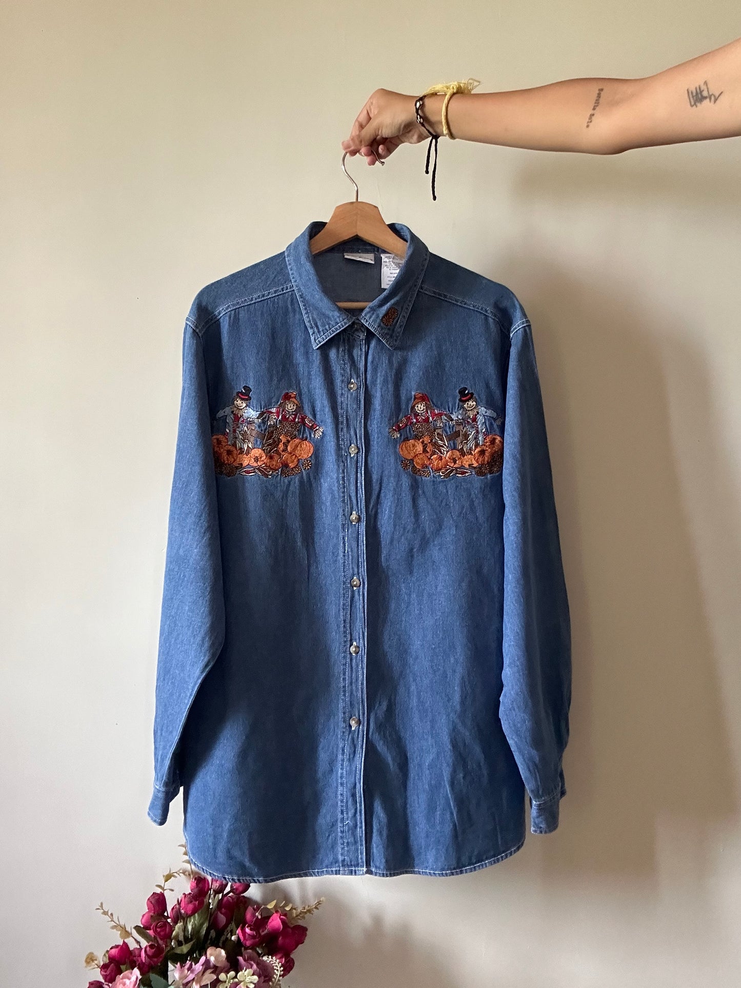 Bobbie Brooks Vintage Pumpkin Embroidered Denim Shirt