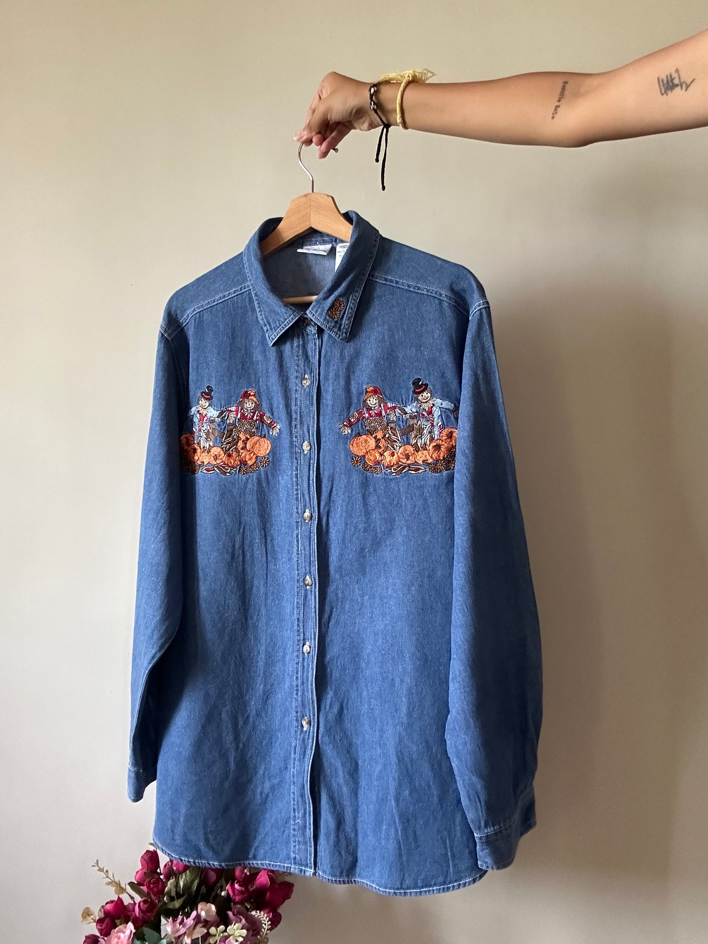 Bobbie Brooks Vintage Pumpkin Embroidered Denim Shirt