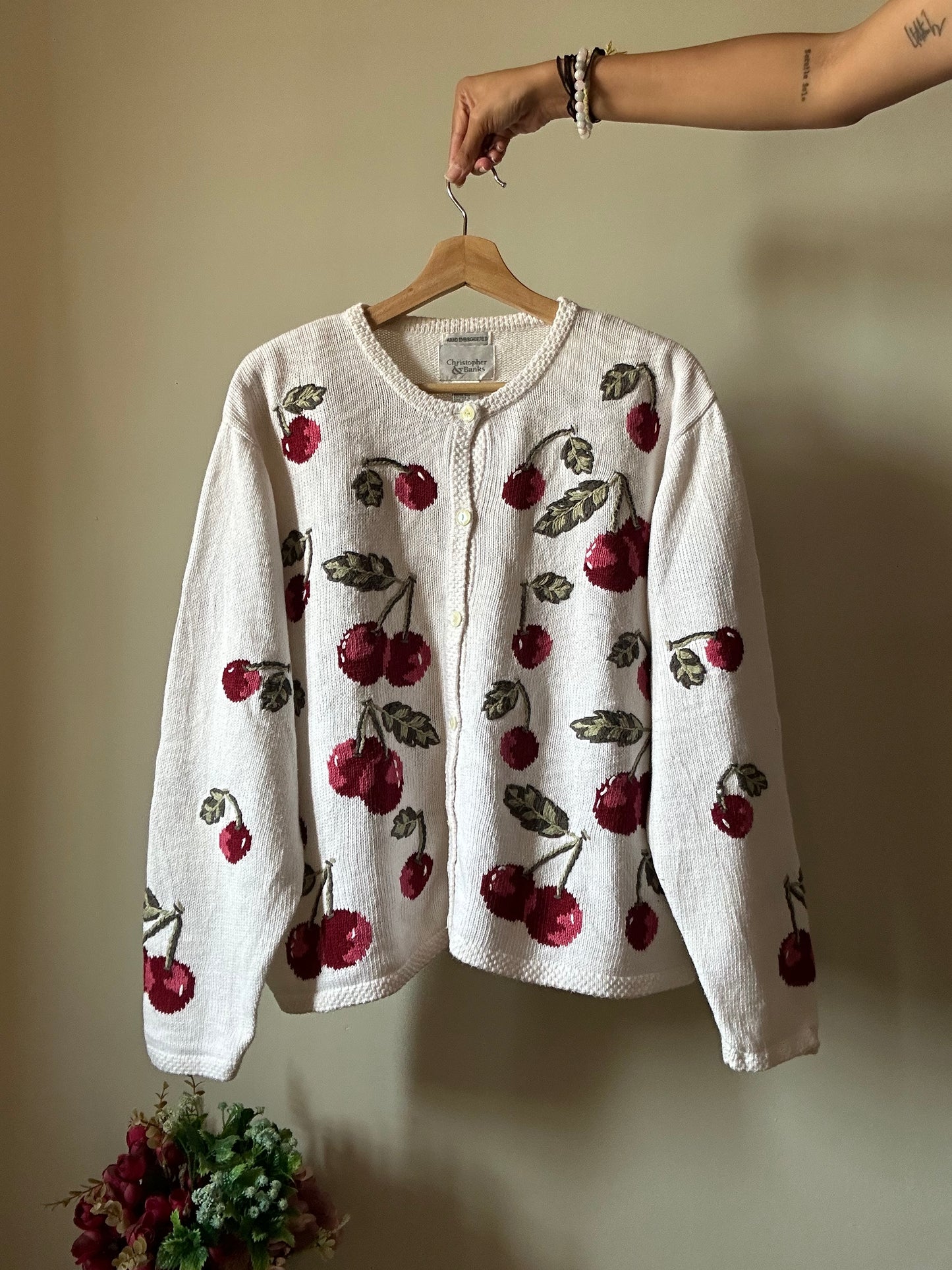 Vintage Christopher & Banks Cherry Hand Embroidered Cardigan