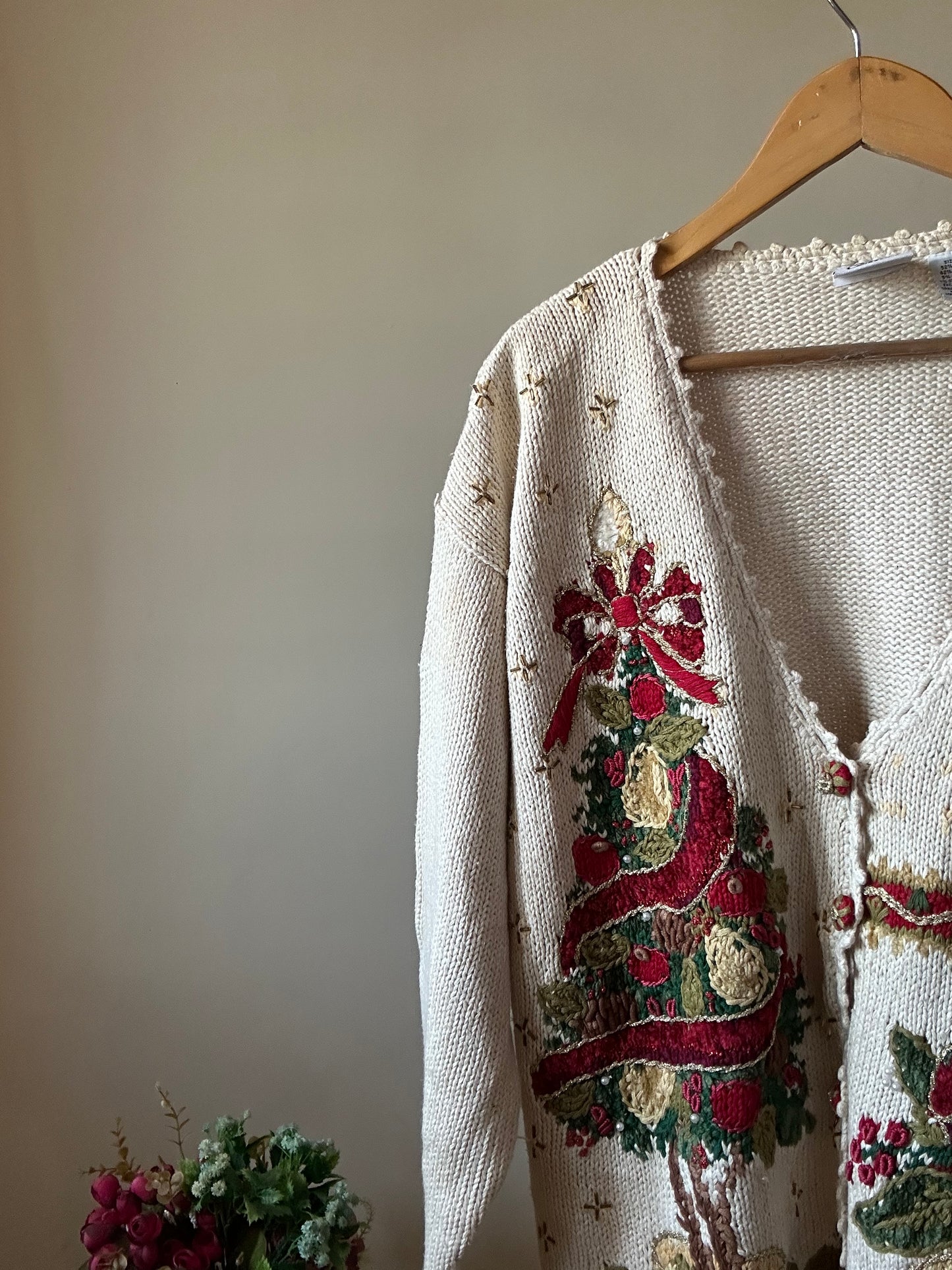 Vintage Maggie Lawrence Christmas Tree Beaded and Embroidered Cardigan