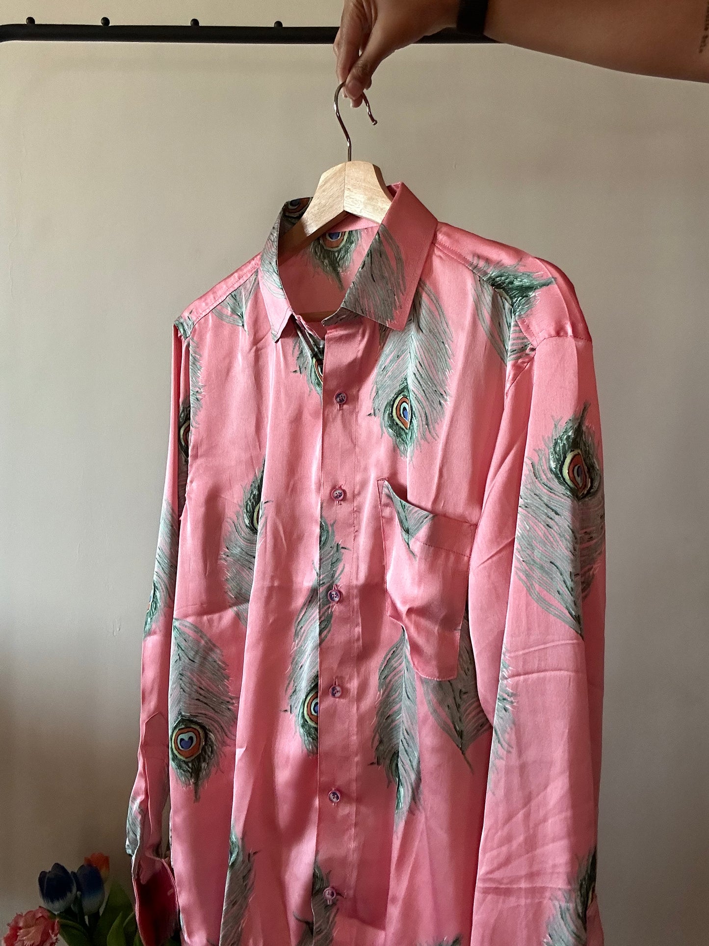 Peacock Feather Print Satin Shirt