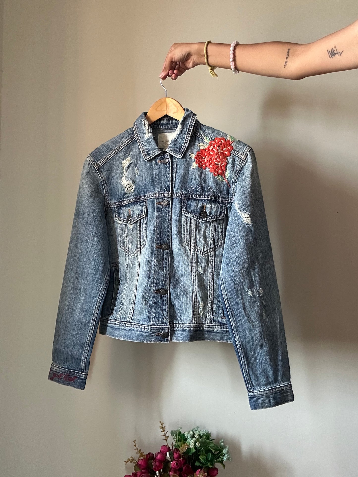 American Eagle Rugged Denim Jacket With Embroidery