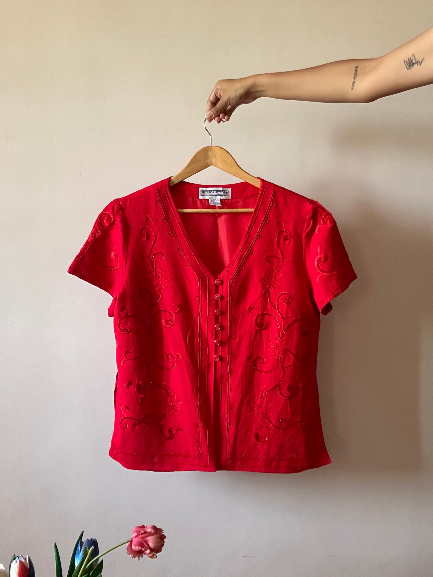 Vintage Red Beaded And Embroidered Jessica Howard Shirt