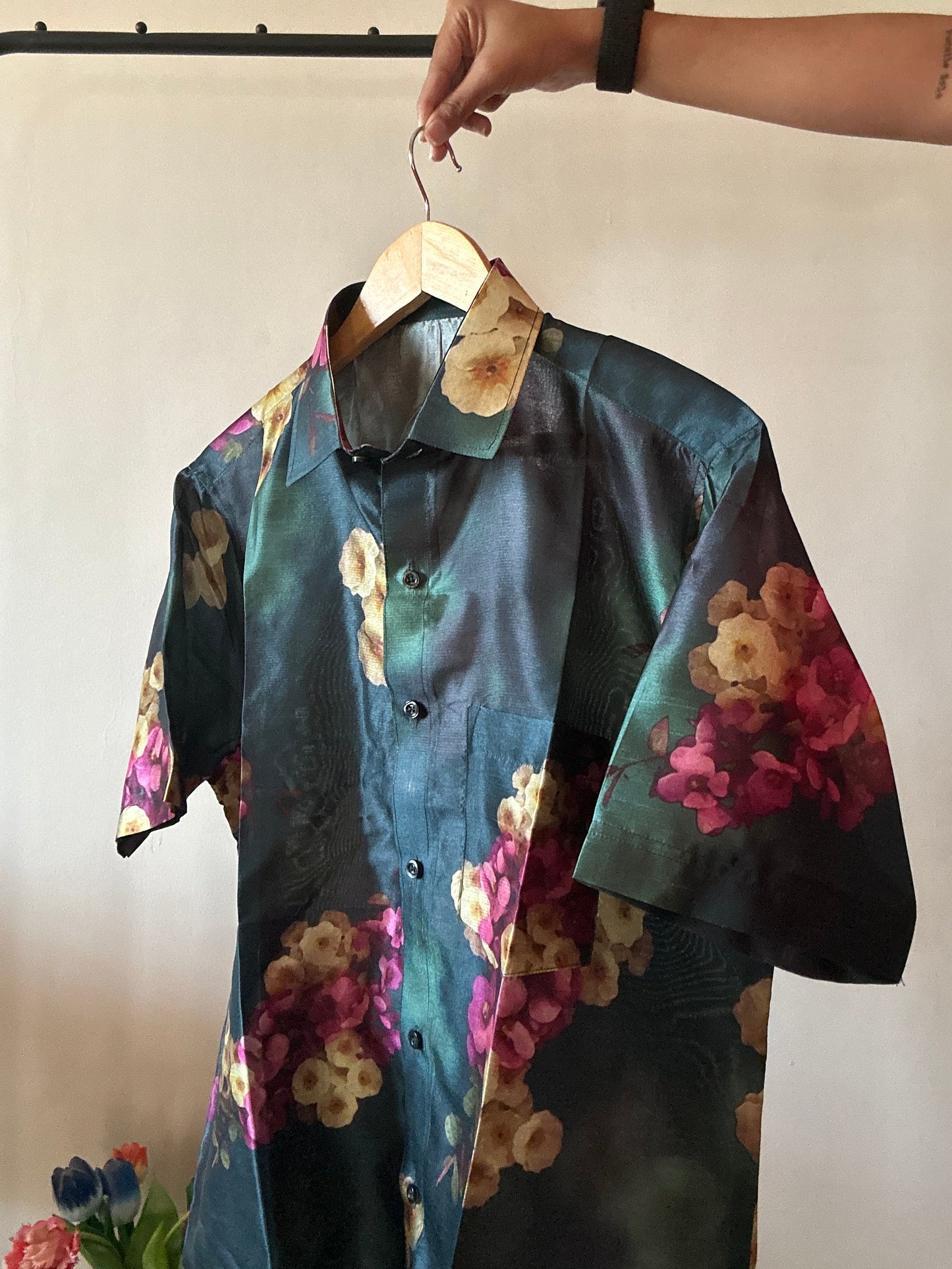 Water Flower Print Silk Shirt