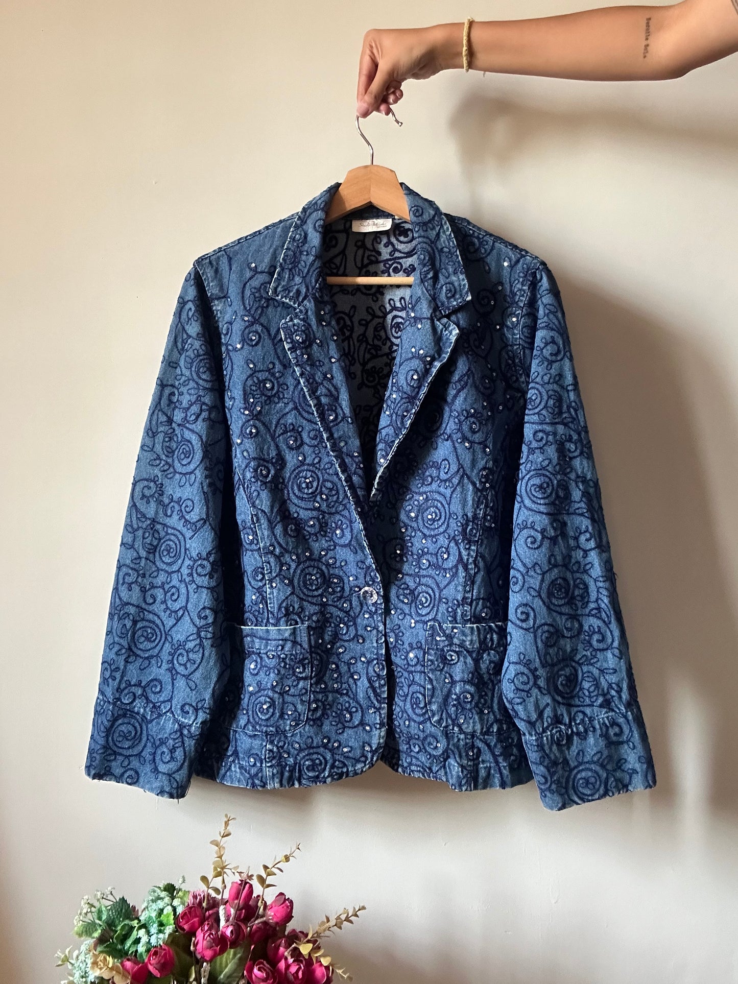 Studio Works Vintage Denim Blazer With All Over Embroidery and Rhinestones