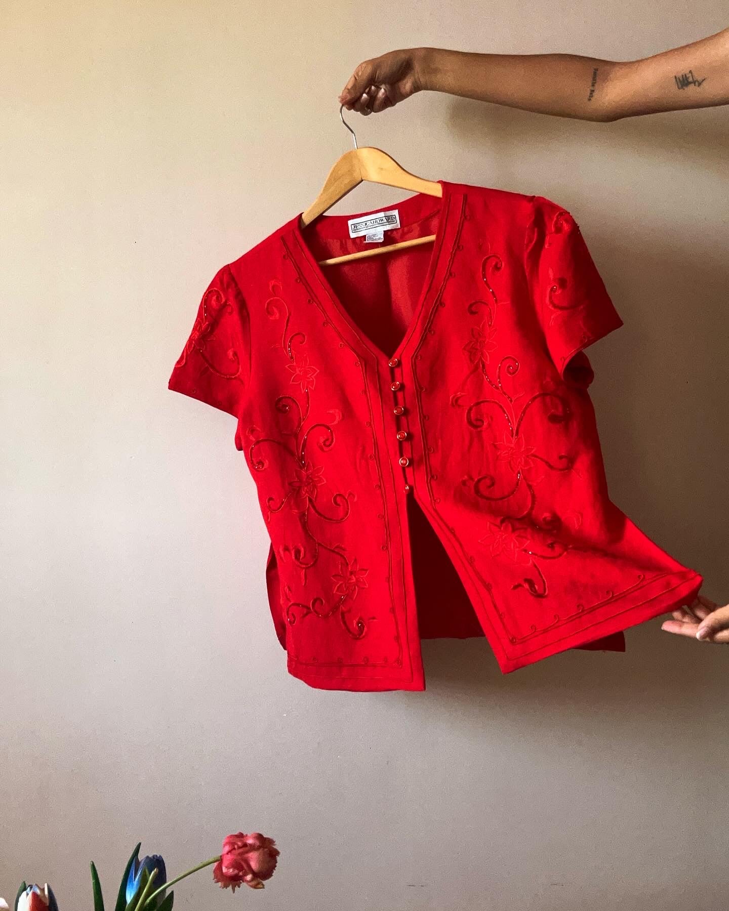 Vintage Red Beaded And Embroidered Jessica Howard Shirt