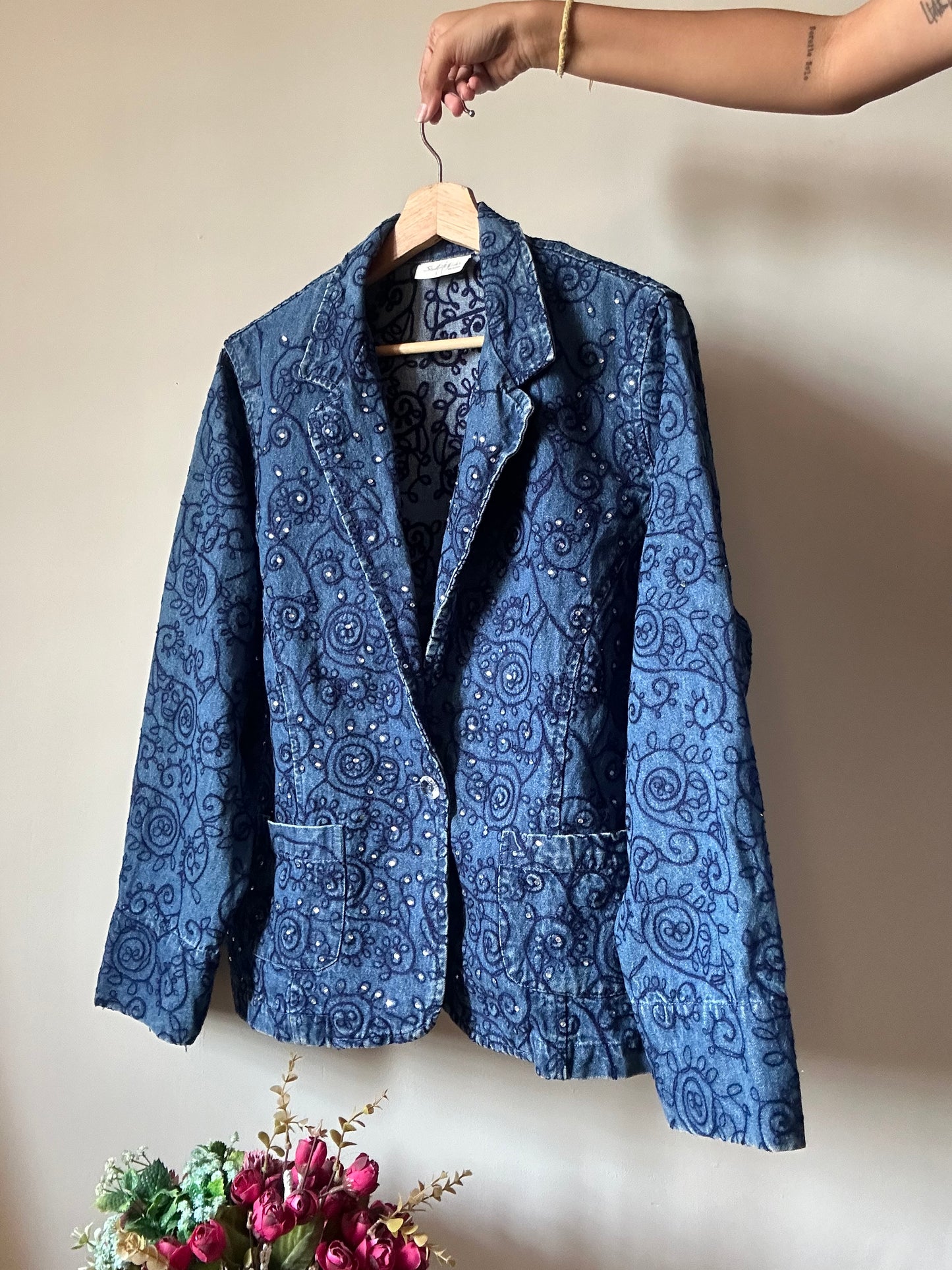 Studio Works Vintage Denim Blazer With All Over Embroidery and Rhinestones