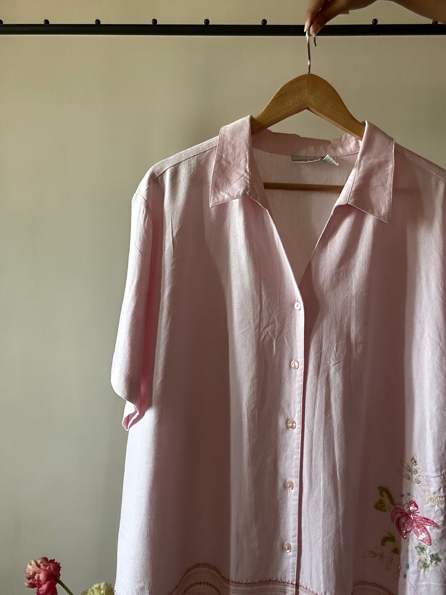 Vintage Pink Linen Beaded Shirt