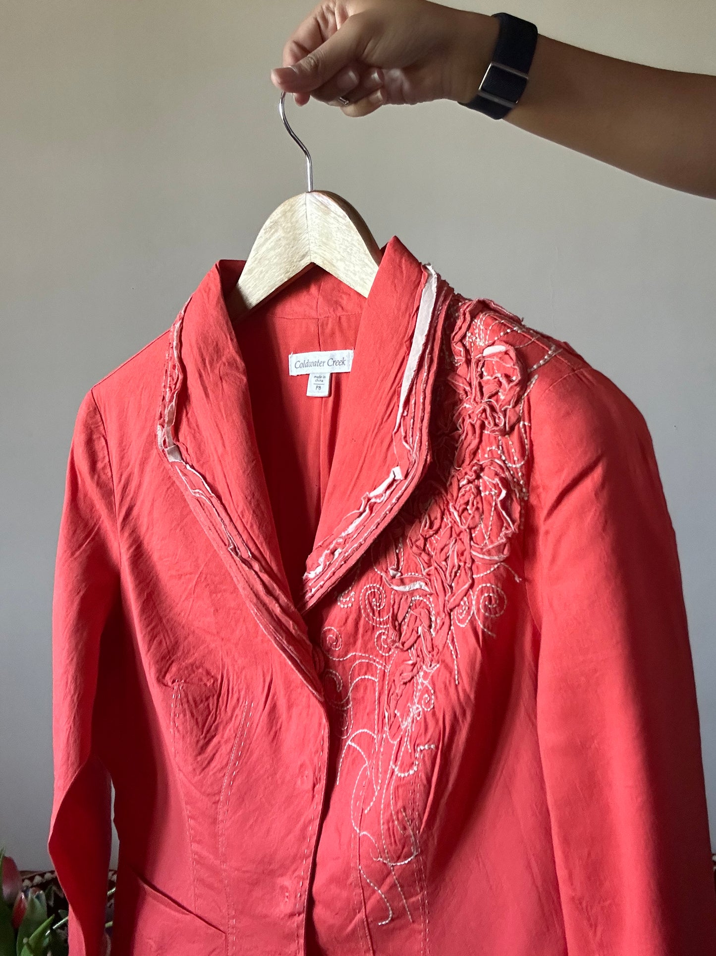 Coldwater Creek Vintage Blazer Style Lined Shirt With 3D Floral Embroidery