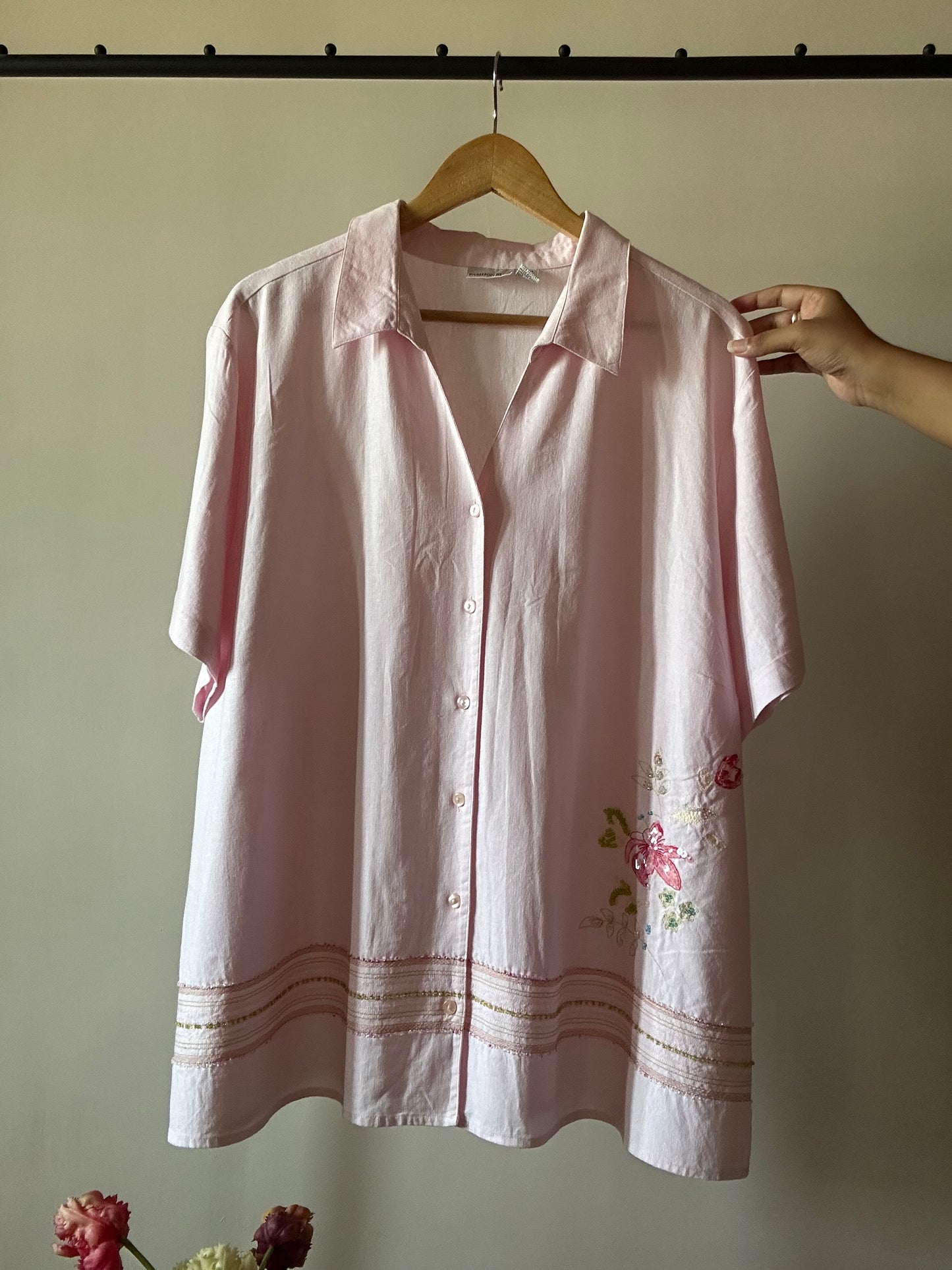 Vintage Pink Linen Beaded Shirt