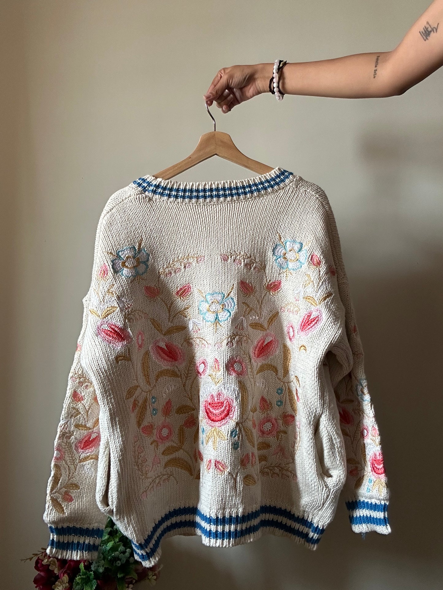 V Neck Old School All Embroidered Cardigan