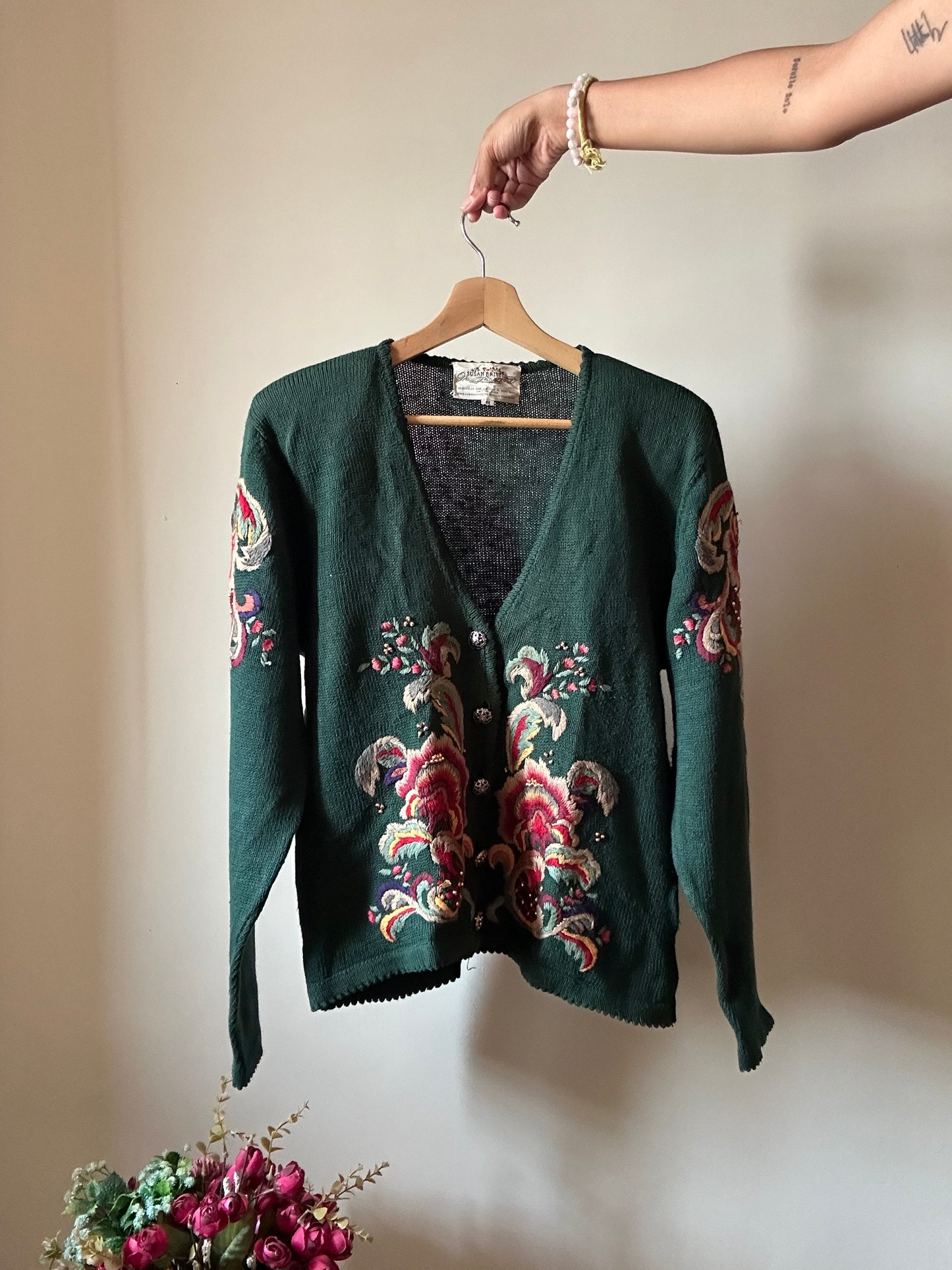 Susan Bristol Vintage Hand Embroidered Knit Cardigan