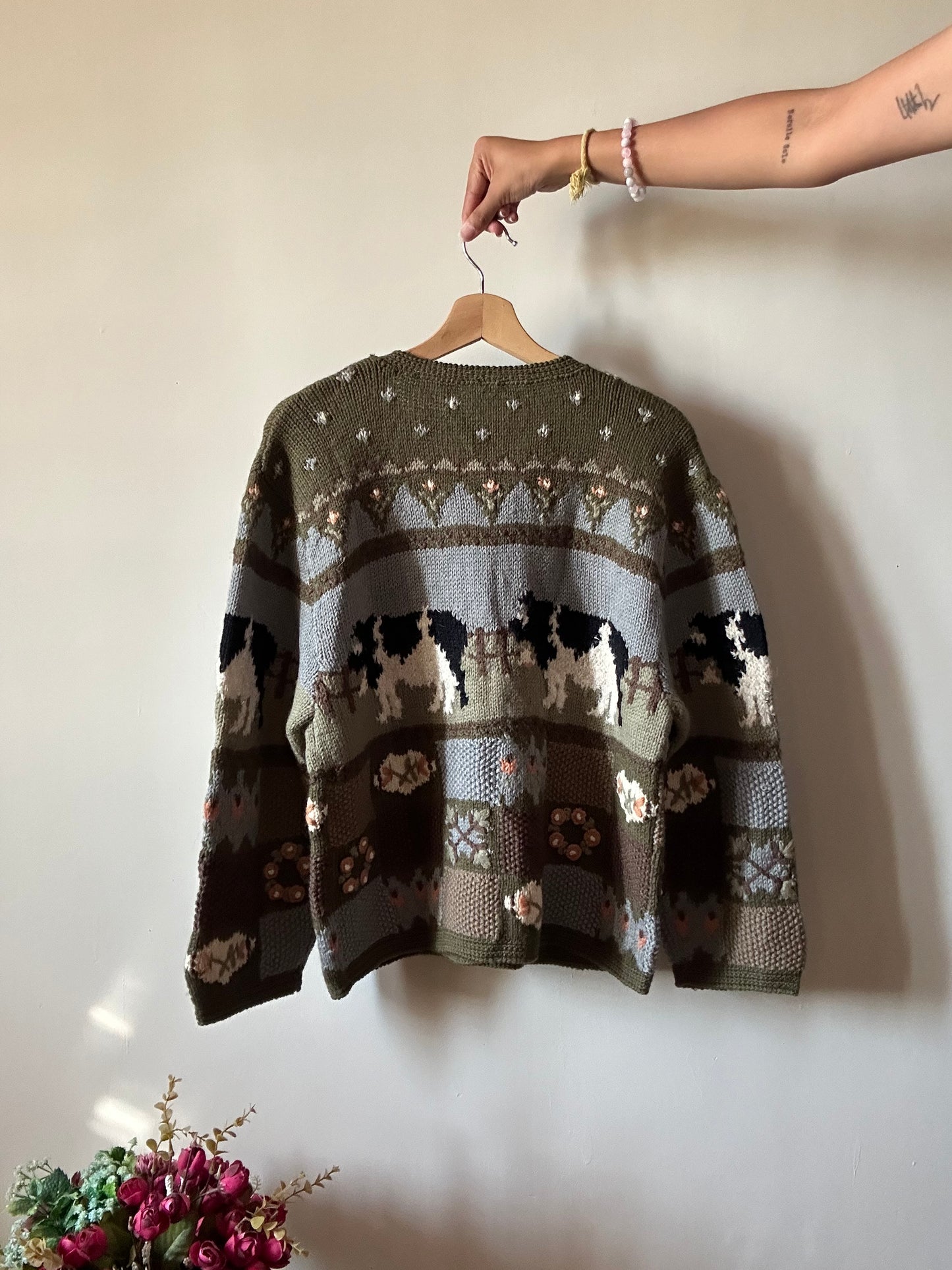 Vintage Cow And Floral Knit Cardigan