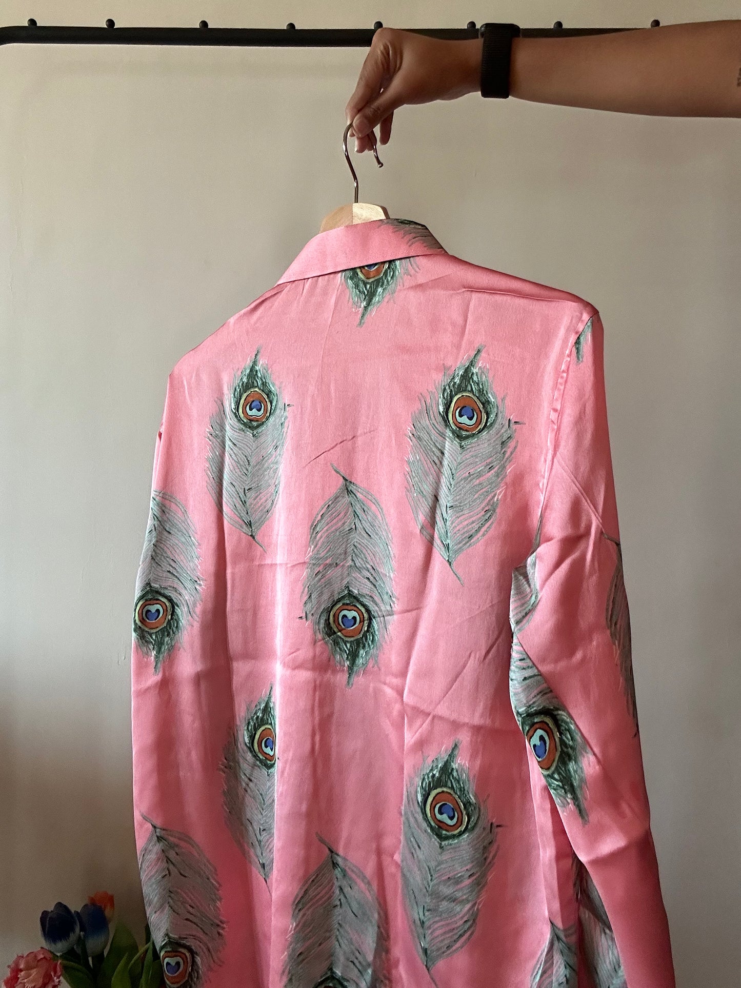 Peacock Feather Print Satin Shirt