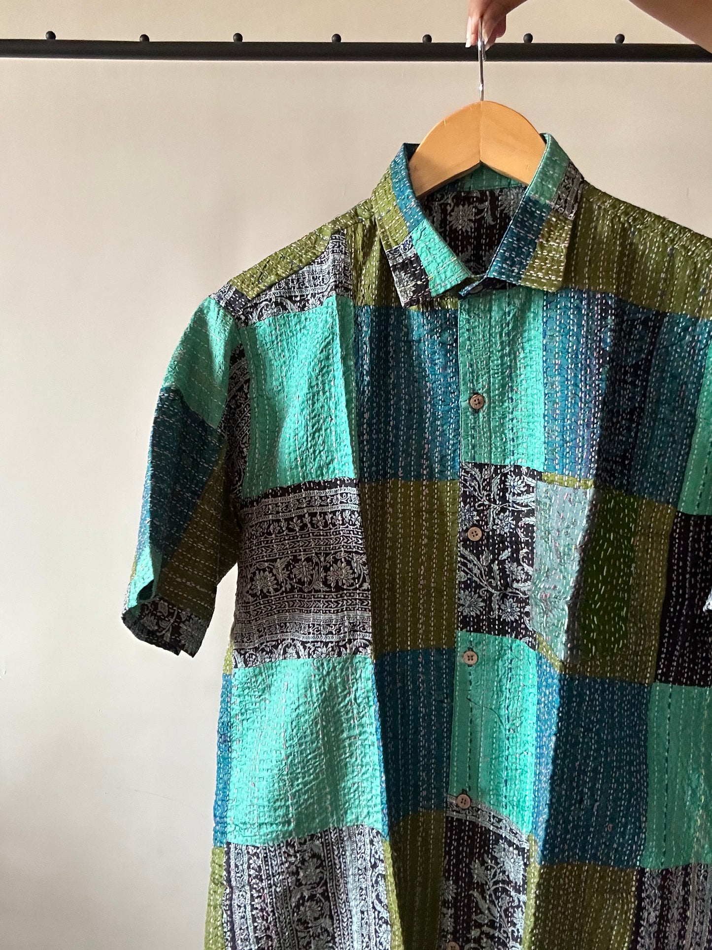 Blue Sea Patch Work Kantha Embroidery Shirt