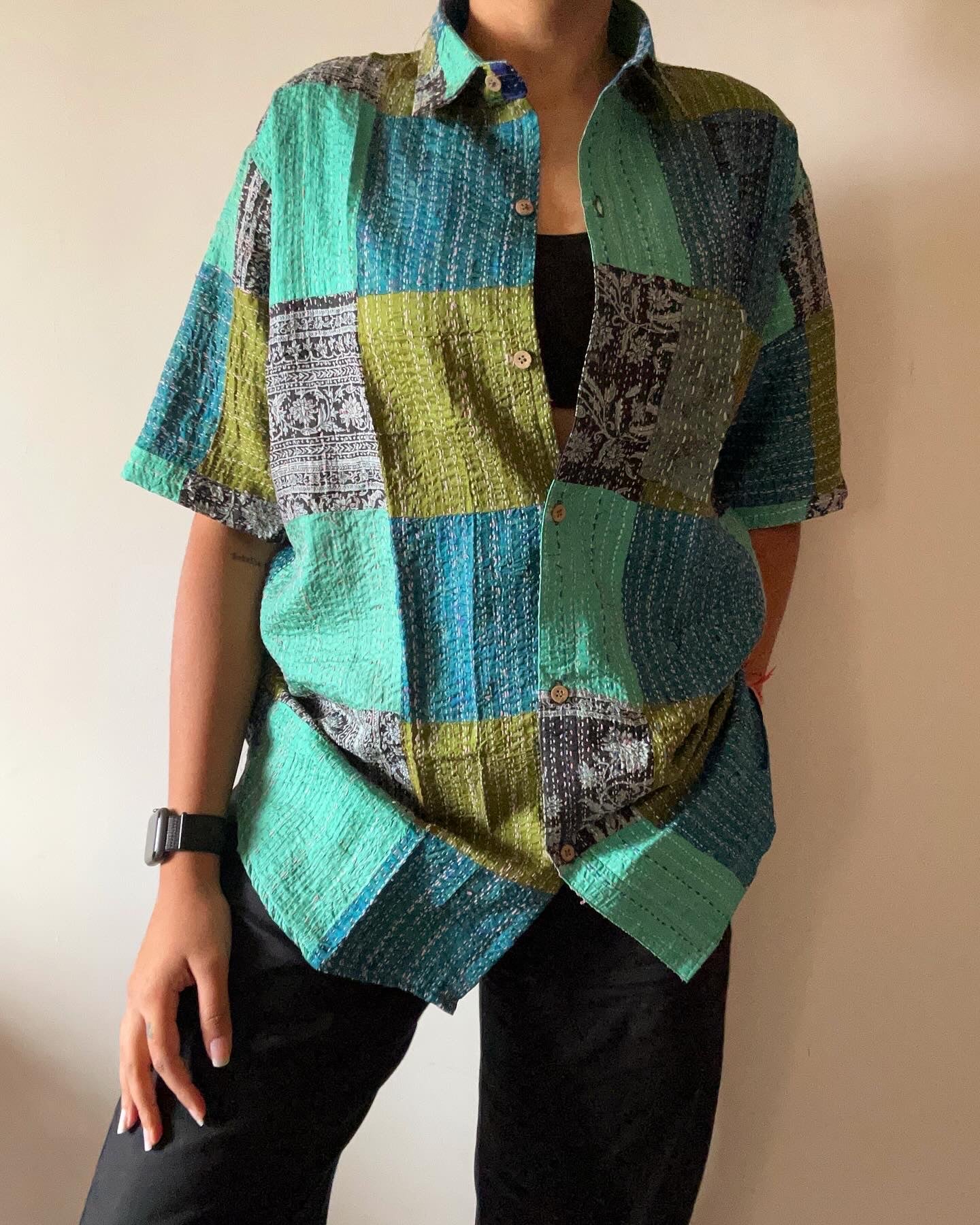 Blue Sea Patch Work Kantha Embroidery Shirt