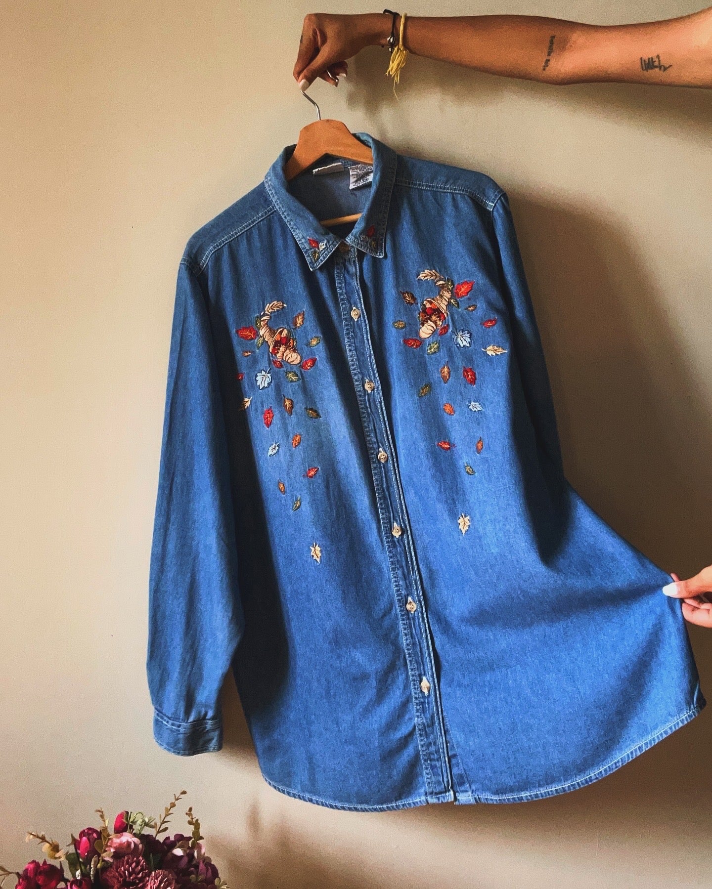 Bobbie Brooks Women Vintage Denim Shirt With Fall Inspired Embroidery