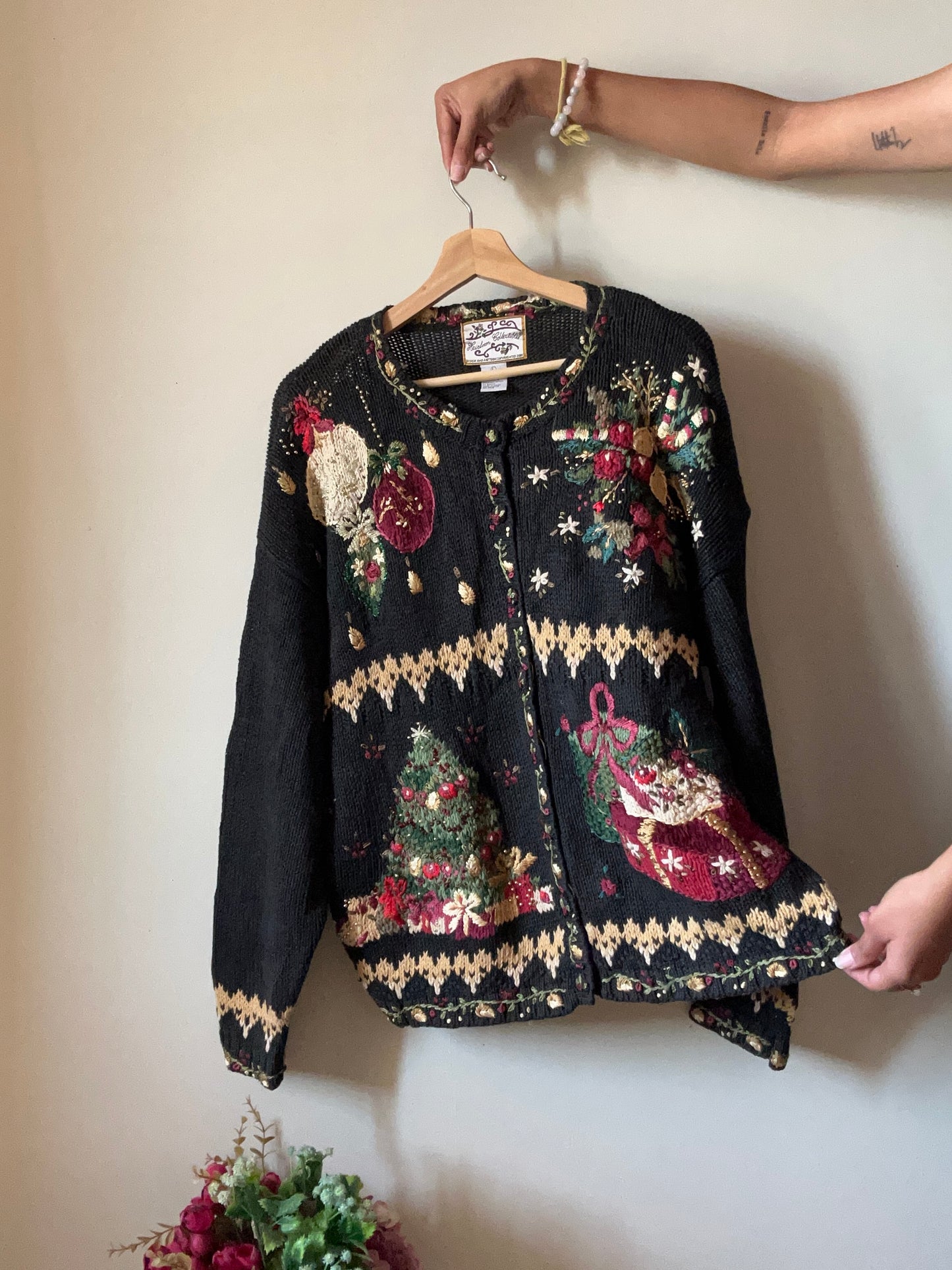 Heirloom Collectibles Vintage Christmas Cardigan With Beading and Embroidery