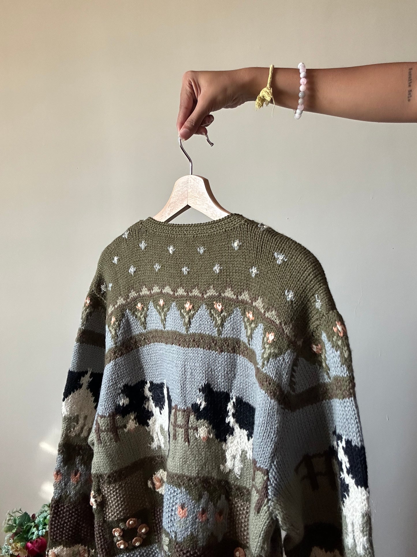 Vintage Cow And Floral Knit Cardigan