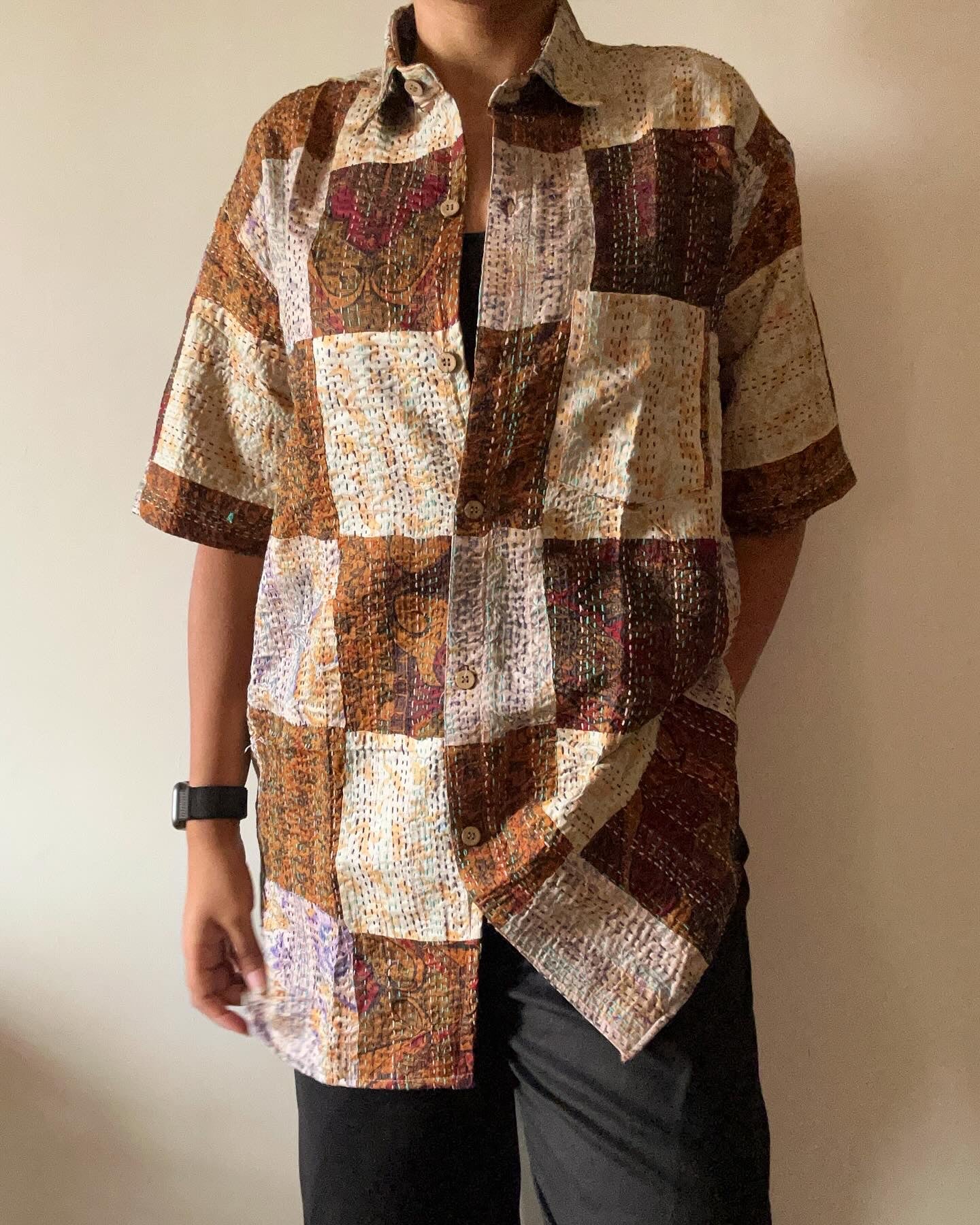 Sand Wood Patch Work Kantha Embroidery Shirt