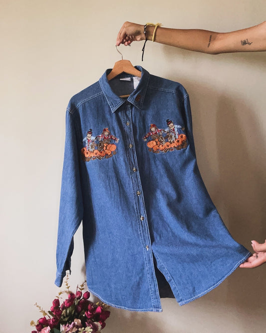 Bobbie Brooks Vintage Pumpkin Embroidered Denim Shirt