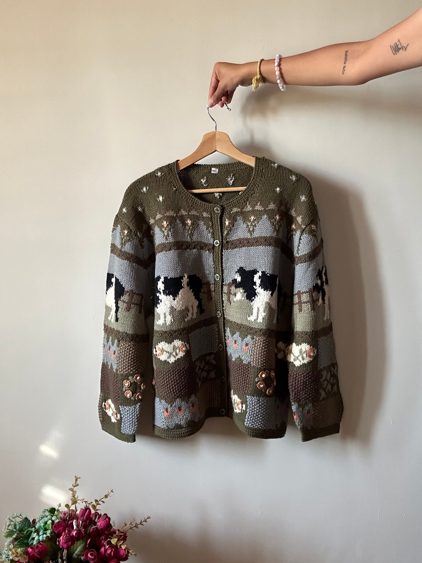 Vintage Cow And Floral Knit Cardigan