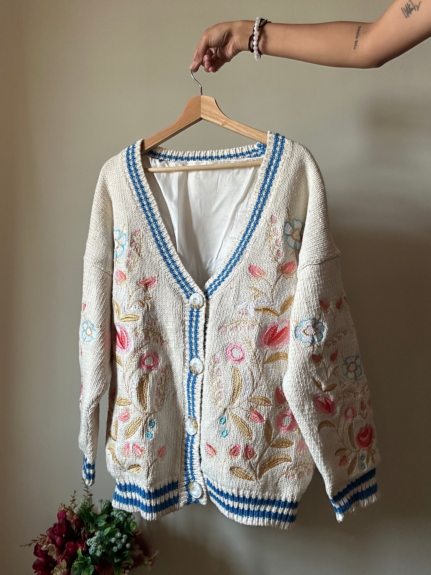 V Neck Old School All Embroidered Cardigan