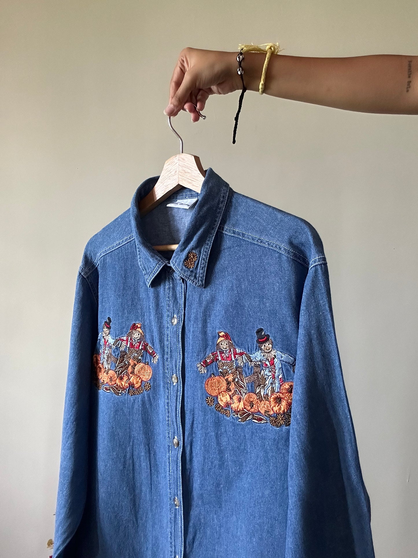 Bobbie Brooks Vintage Pumpkin Embroidered Denim Shirt