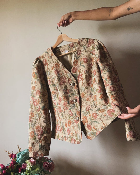 Vintage Floral Weaved Jacket With Gathered Sleeve Detail