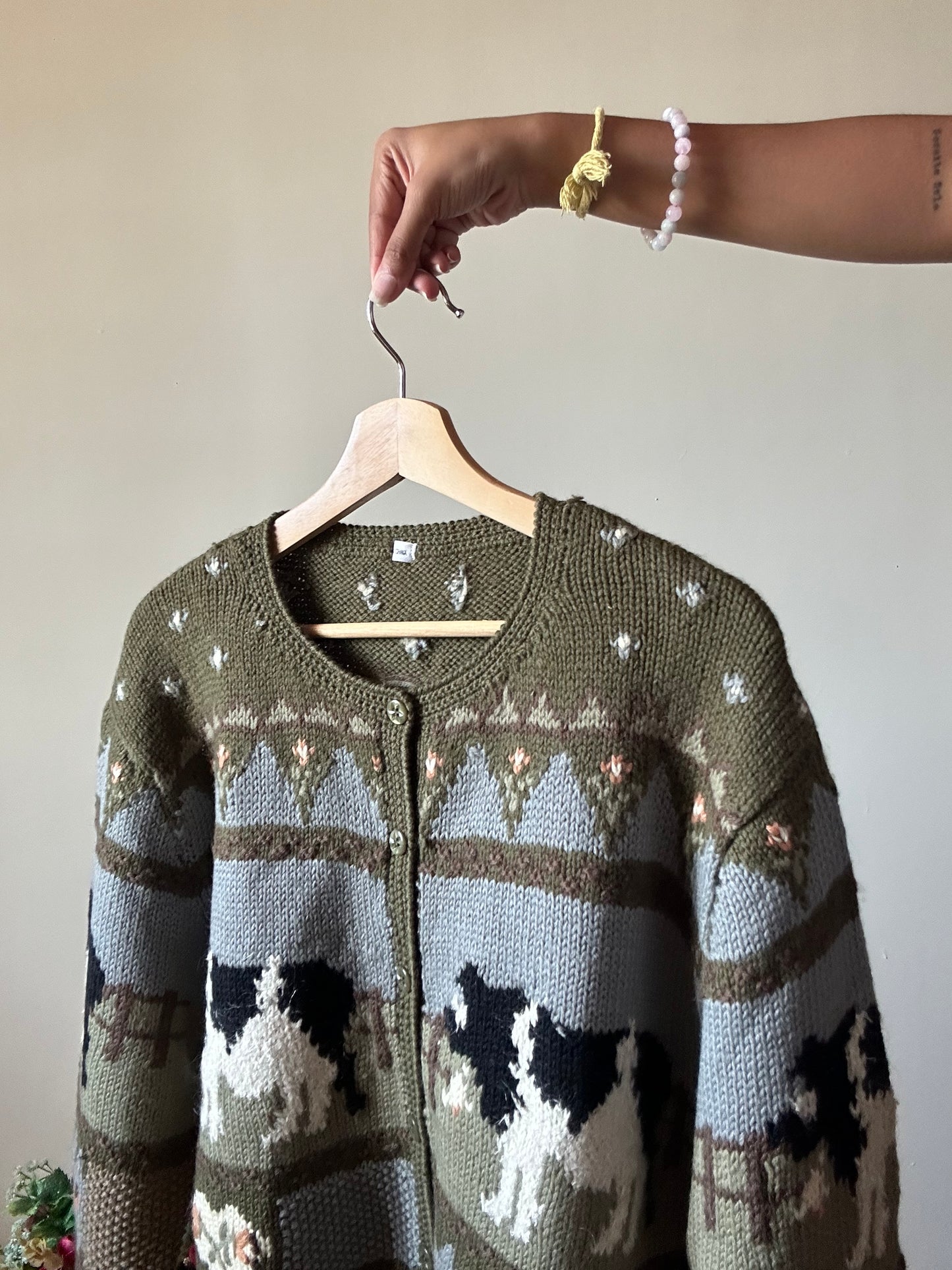 Vintage Cow And Floral Knit Cardigan