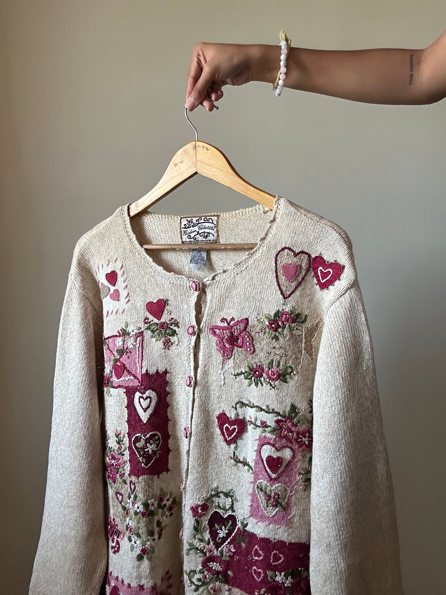 Heirloom Collectibles Vintage Heart Embroidered and Beaded Cardigan