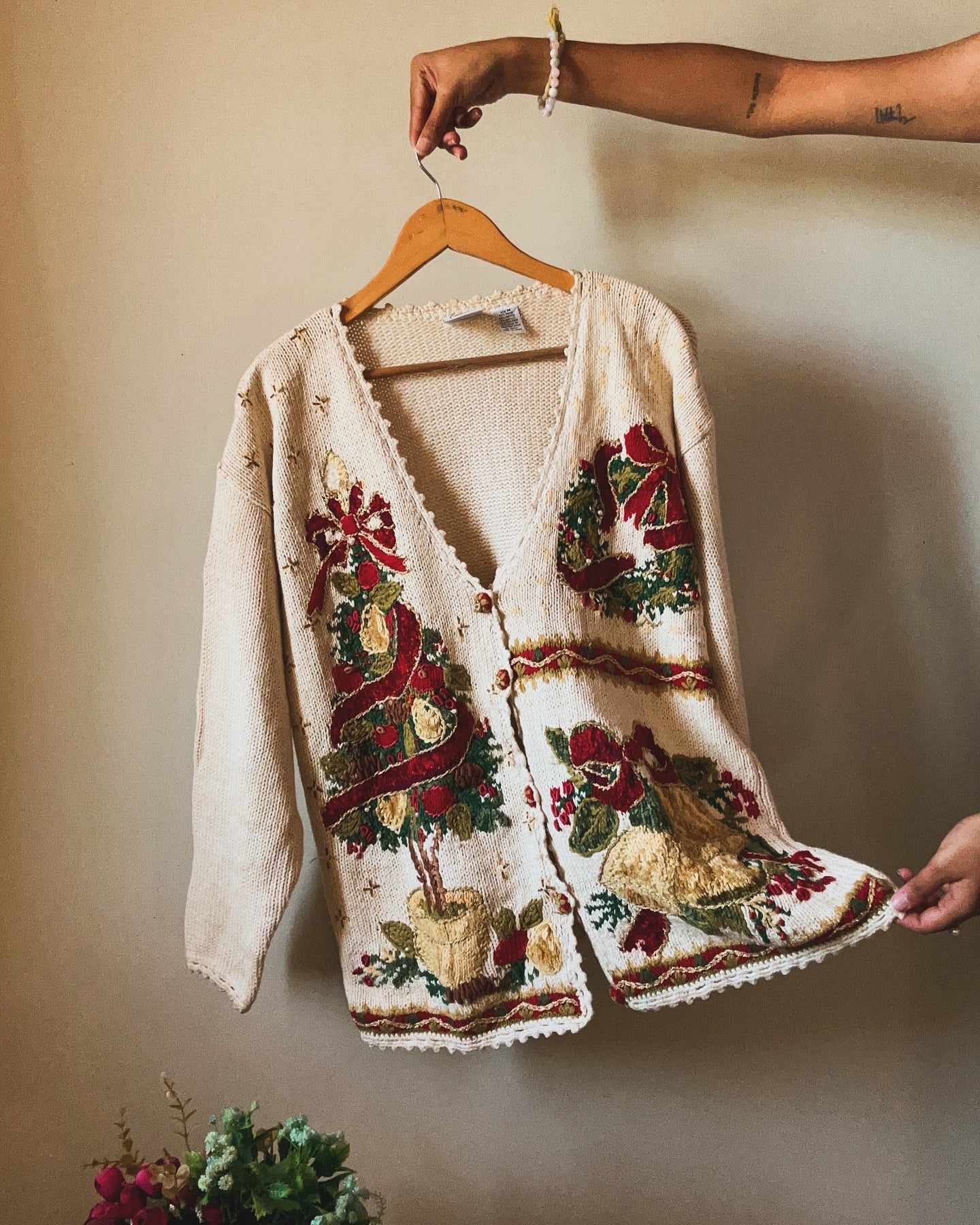 Vintage Maggie Lawrence Christmas Tree Beaded and Embroidered Cardigan