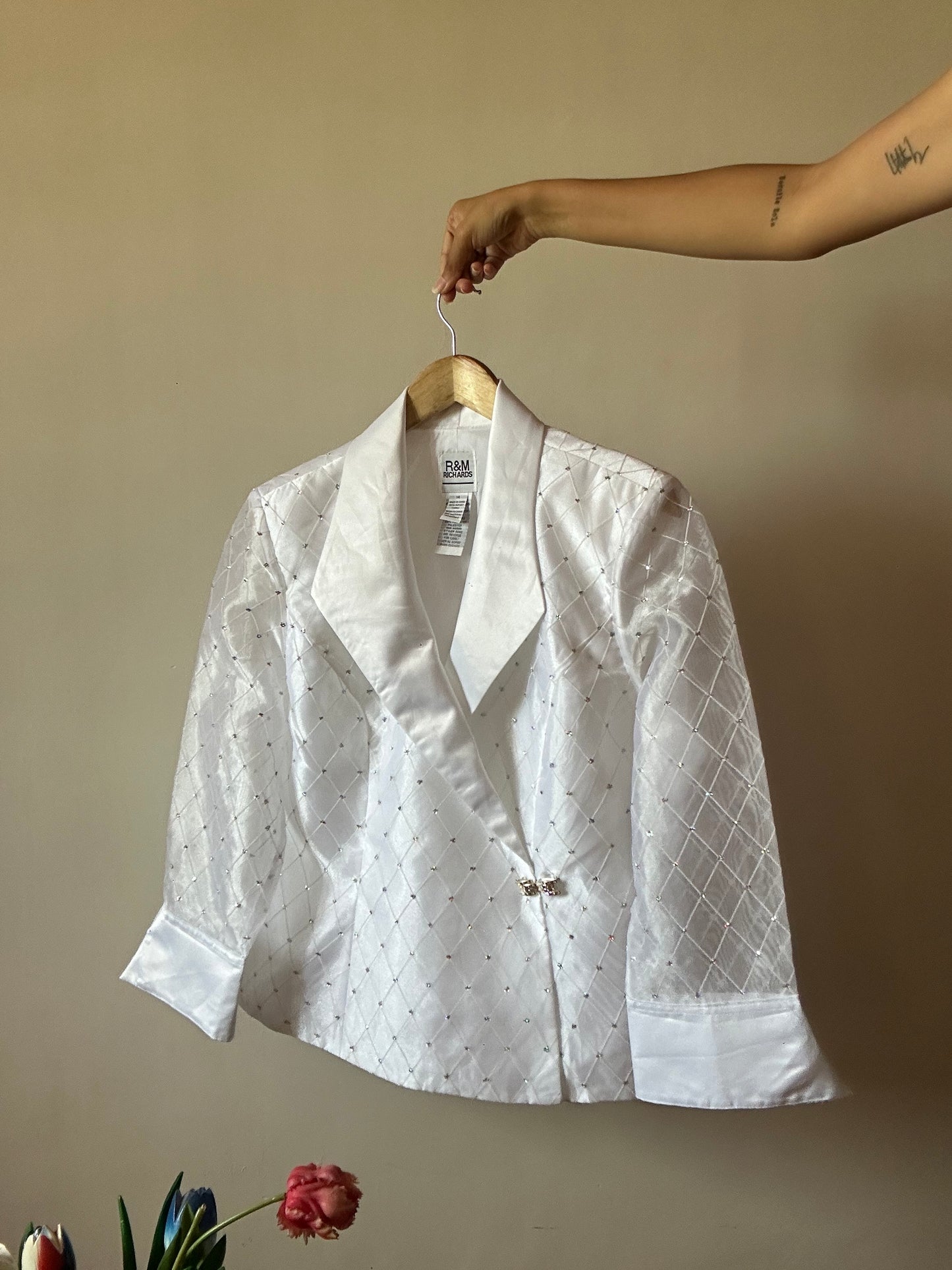 R&M Richards Vintage Sheer Sleeves Blazer In White With Satin Details