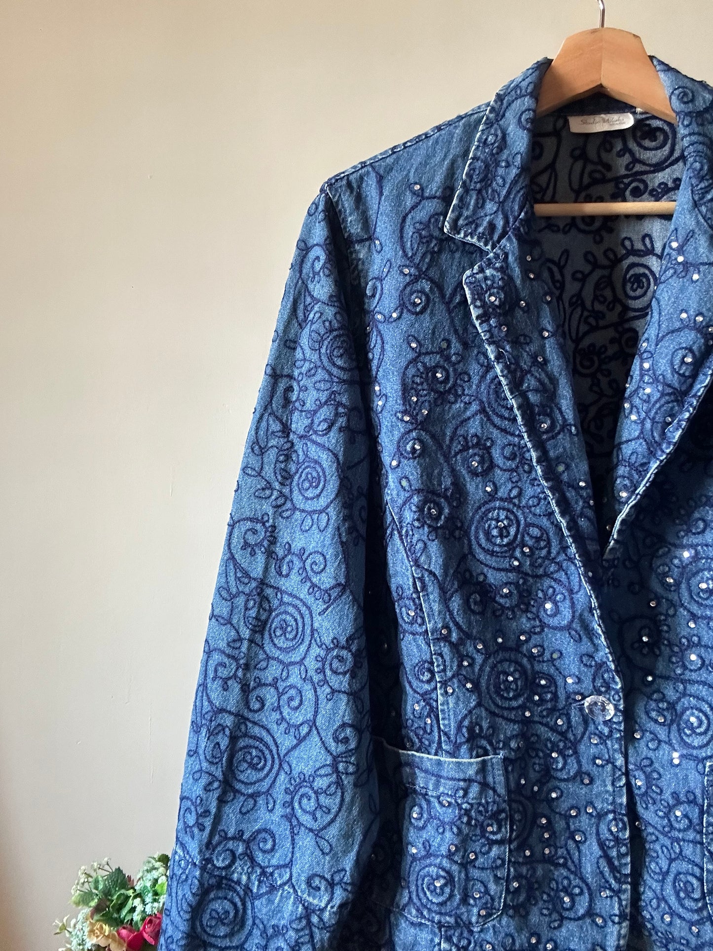 Studio Works Vintage Denim Blazer With All Over Embroidery and Rhinestones