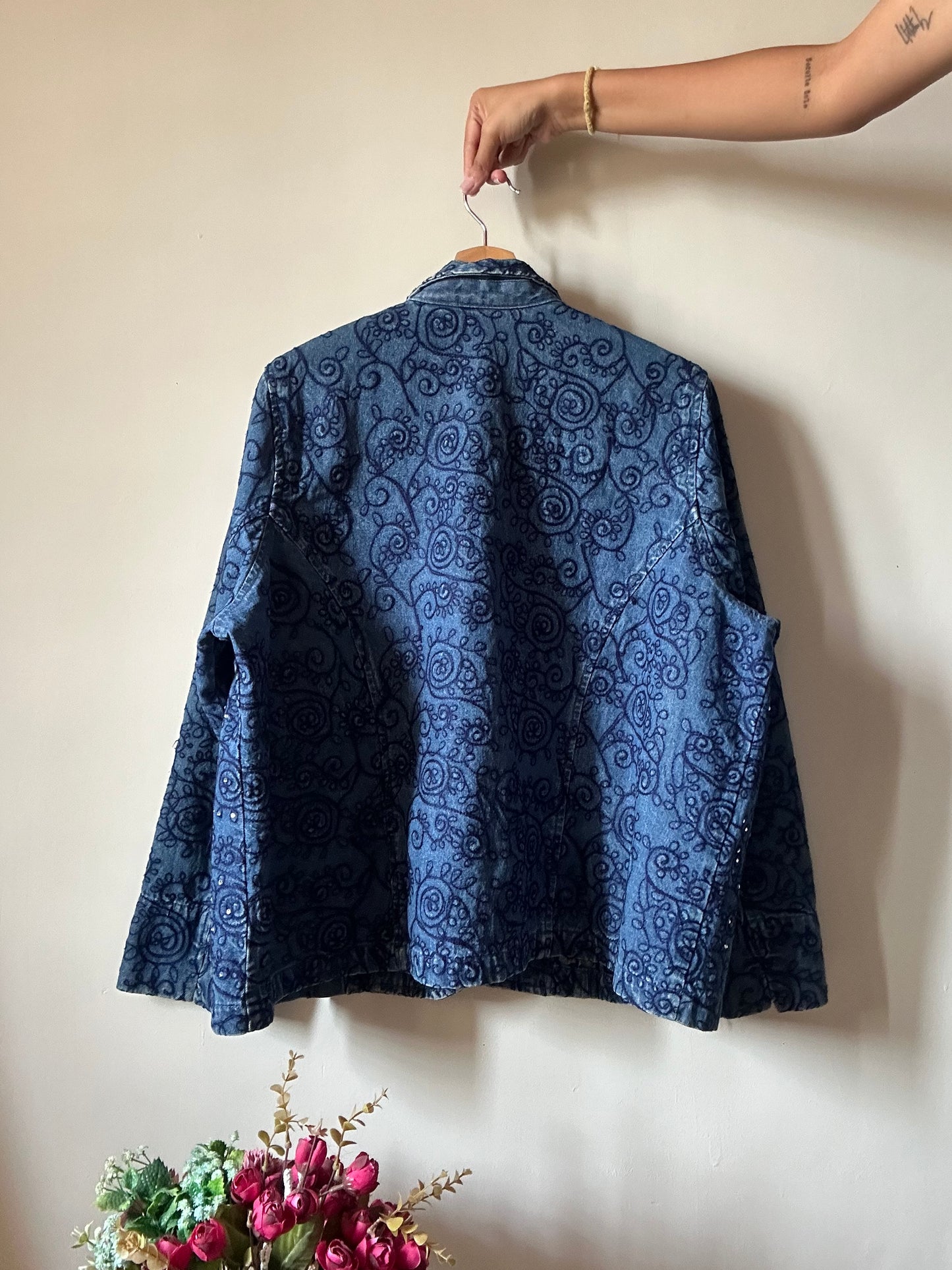 Studio Works Vintage Denim Blazer With All Over Embroidery and Rhinestones