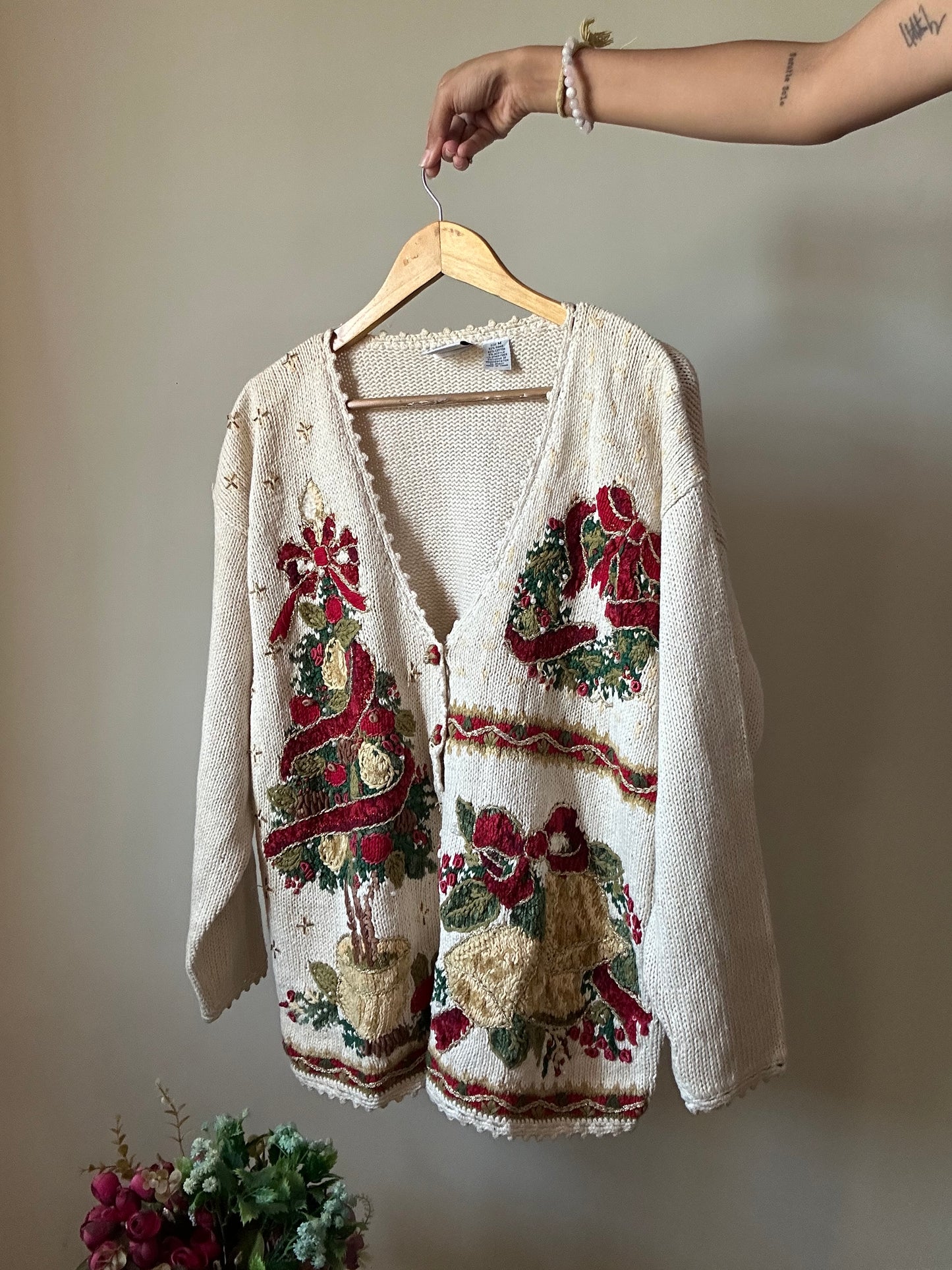 Vintage Maggie Lawrence Christmas Tree Beaded and Embroidered Cardigan