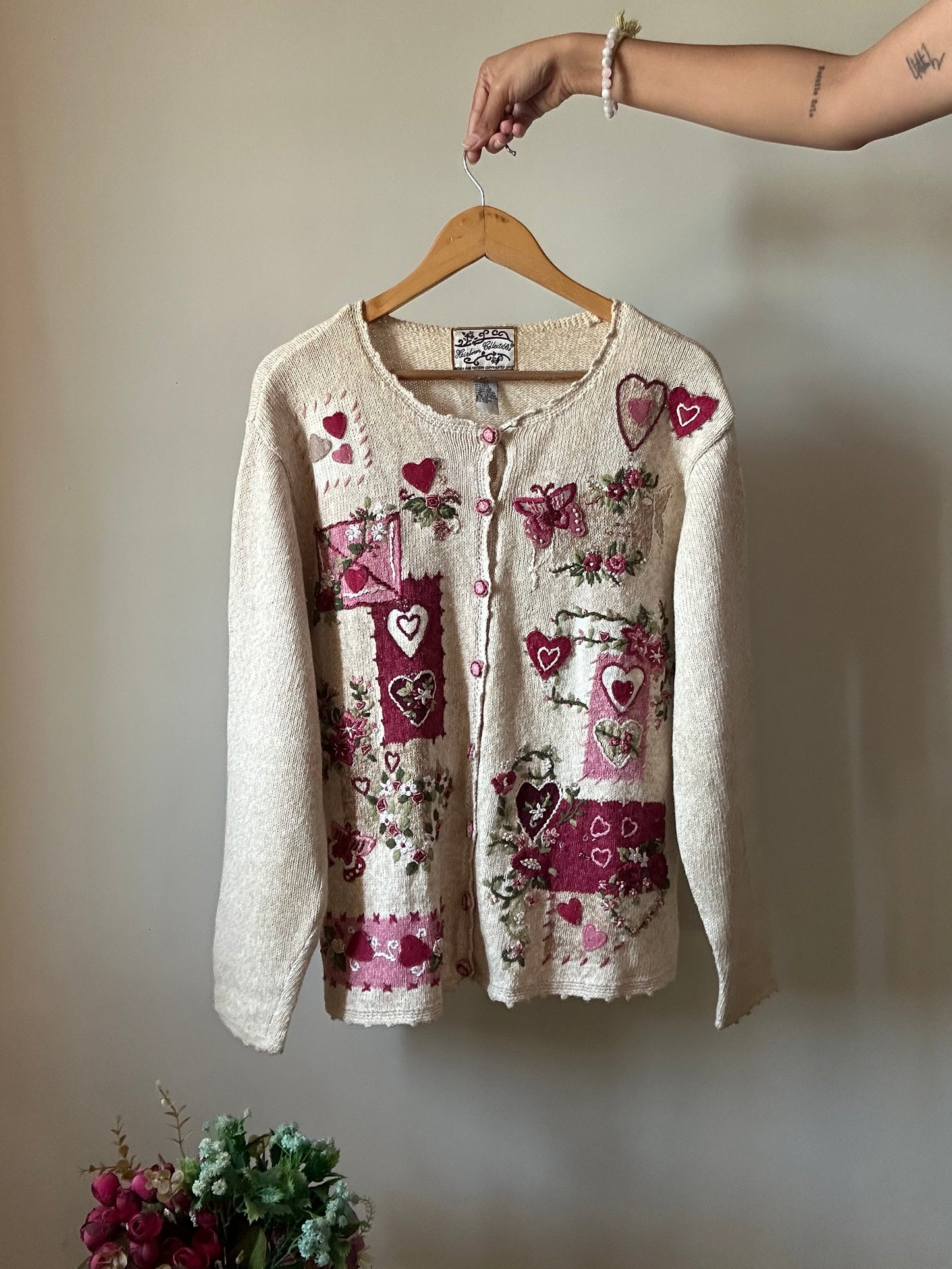 Heirloom Collectibles Vintage Heart Embroidered and Beaded Cardigan