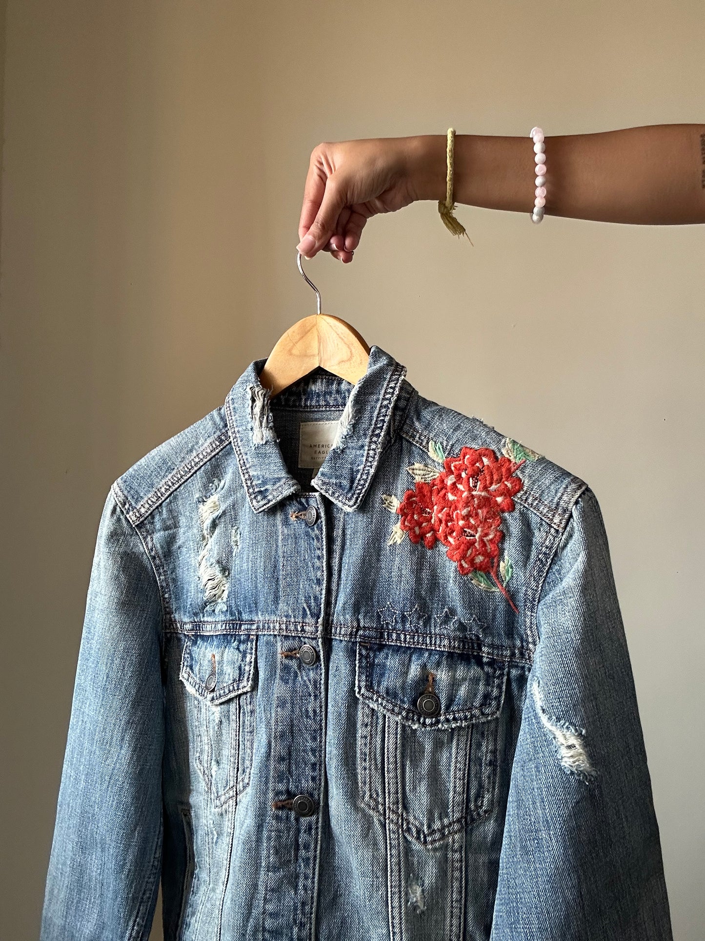 American Eagle Rugged Denim Jacket With Embroidery