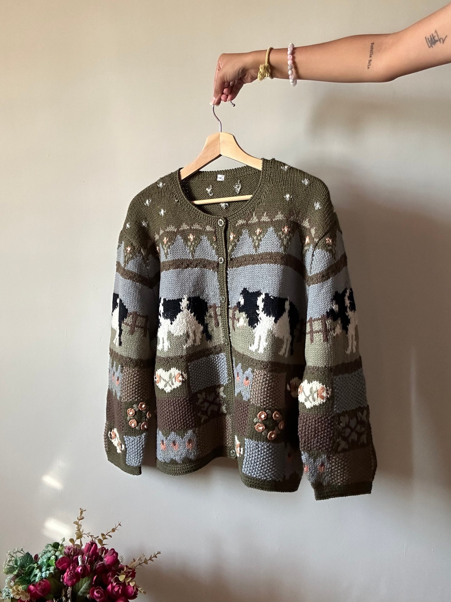 Vintage Cow And Floral Knit Cardigan