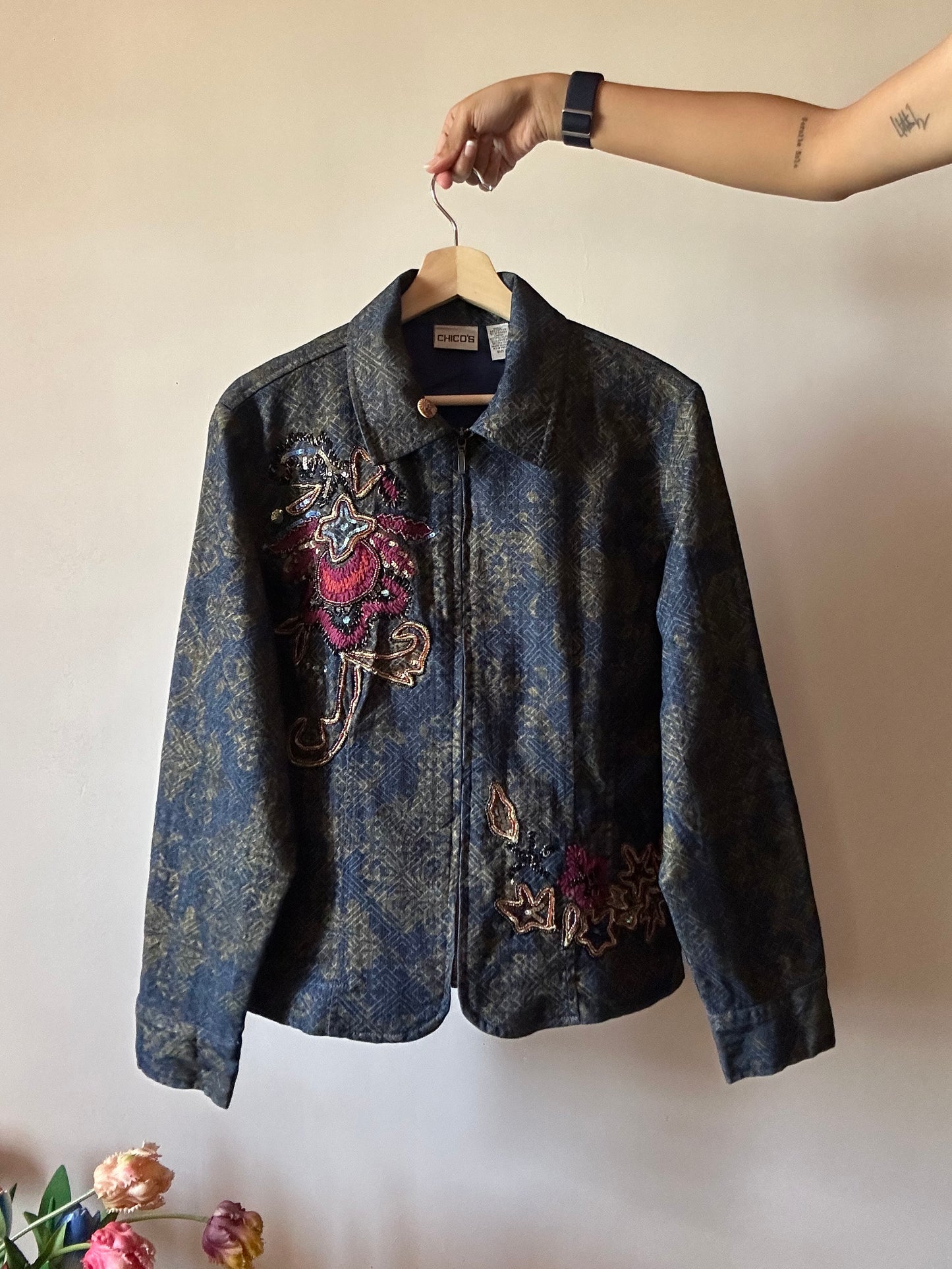 Vintage Beaded and Embroidered Printed Front Zip Denim Shaket