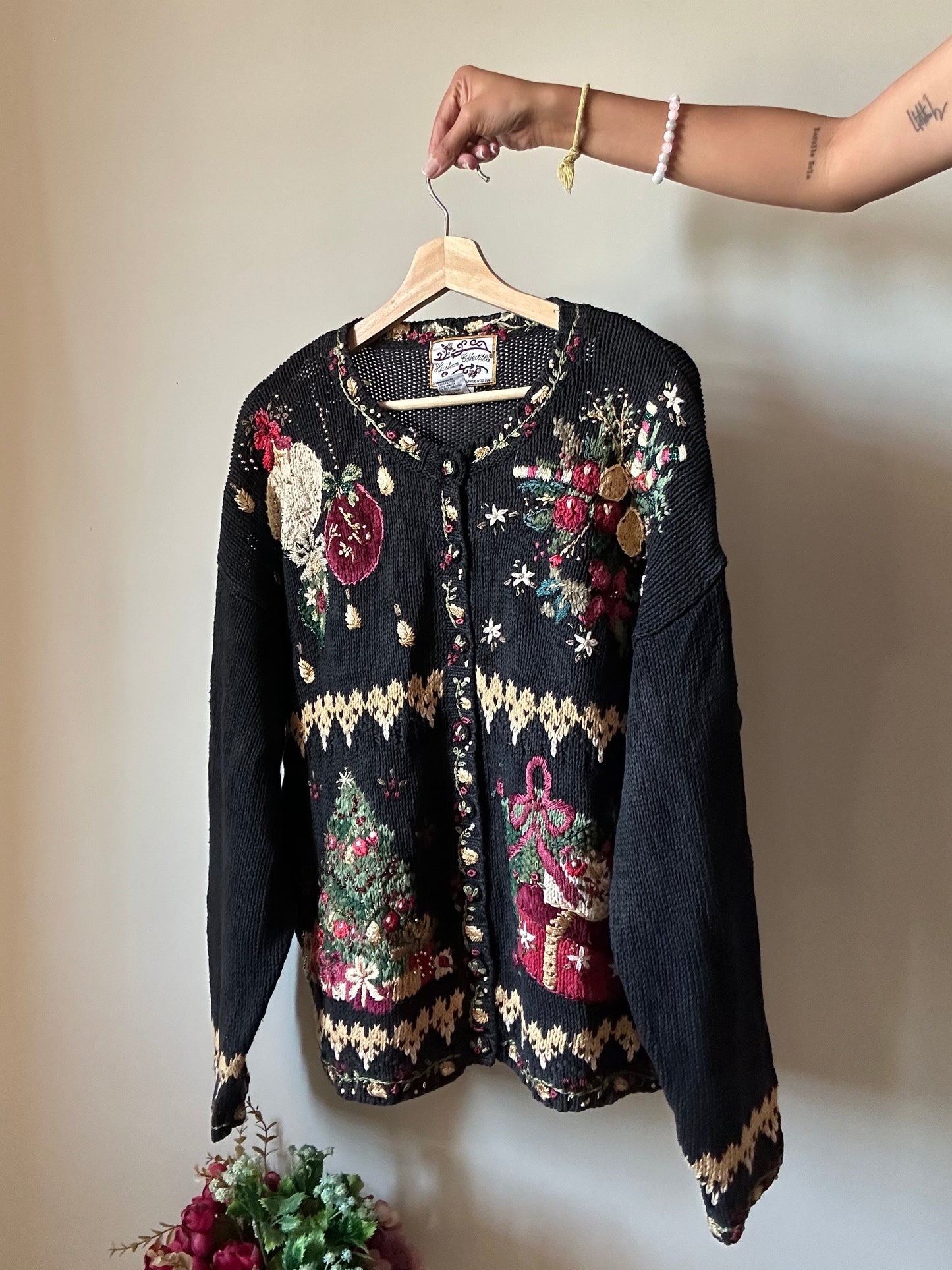 Heirloom Collectibles Vintage Christmas Cardigan With Beading and Embroidery